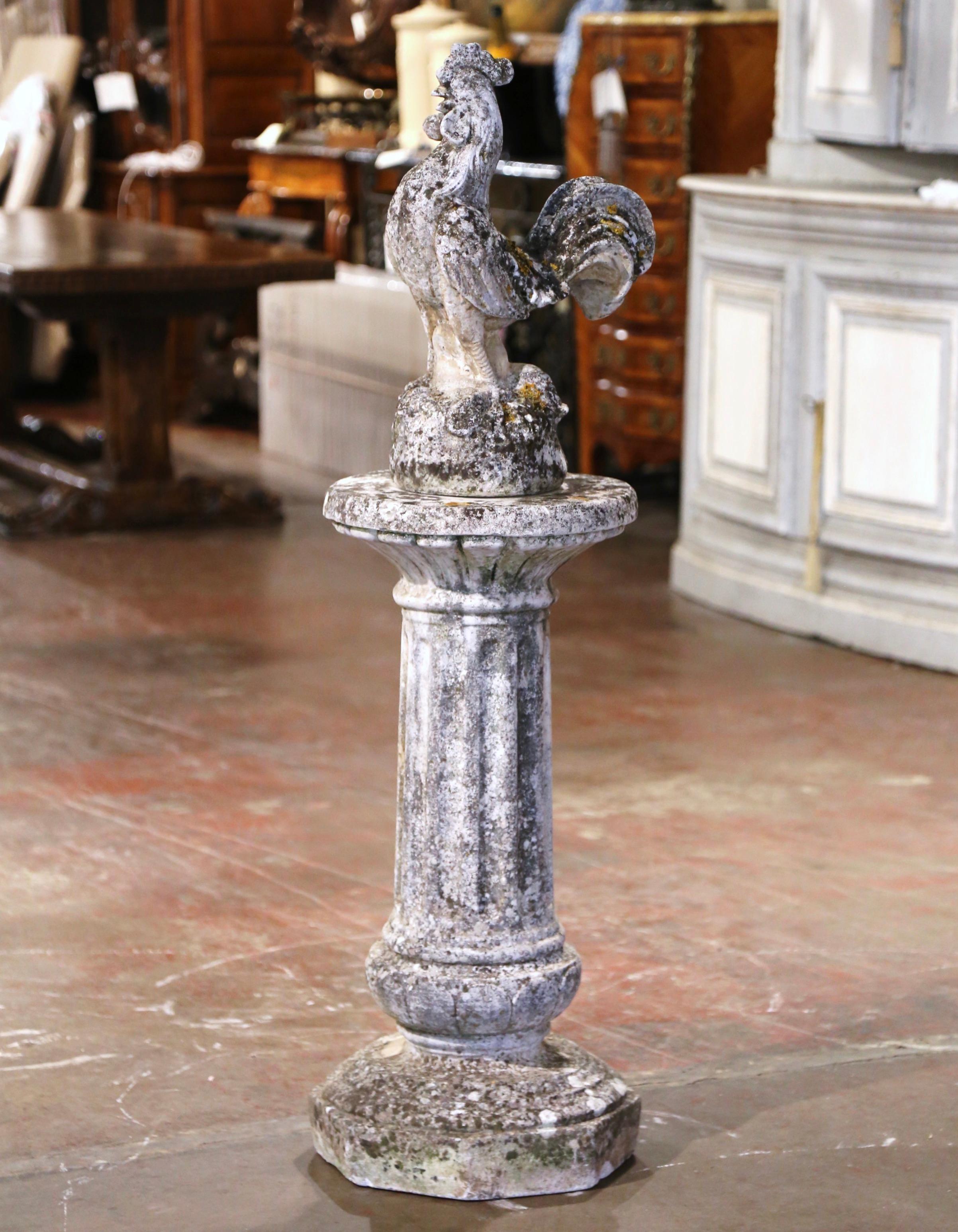 Hand-Crafted Early 20th Century Carved Stone Pedestal and Rooster Sculpture Garden Statuary For Sale