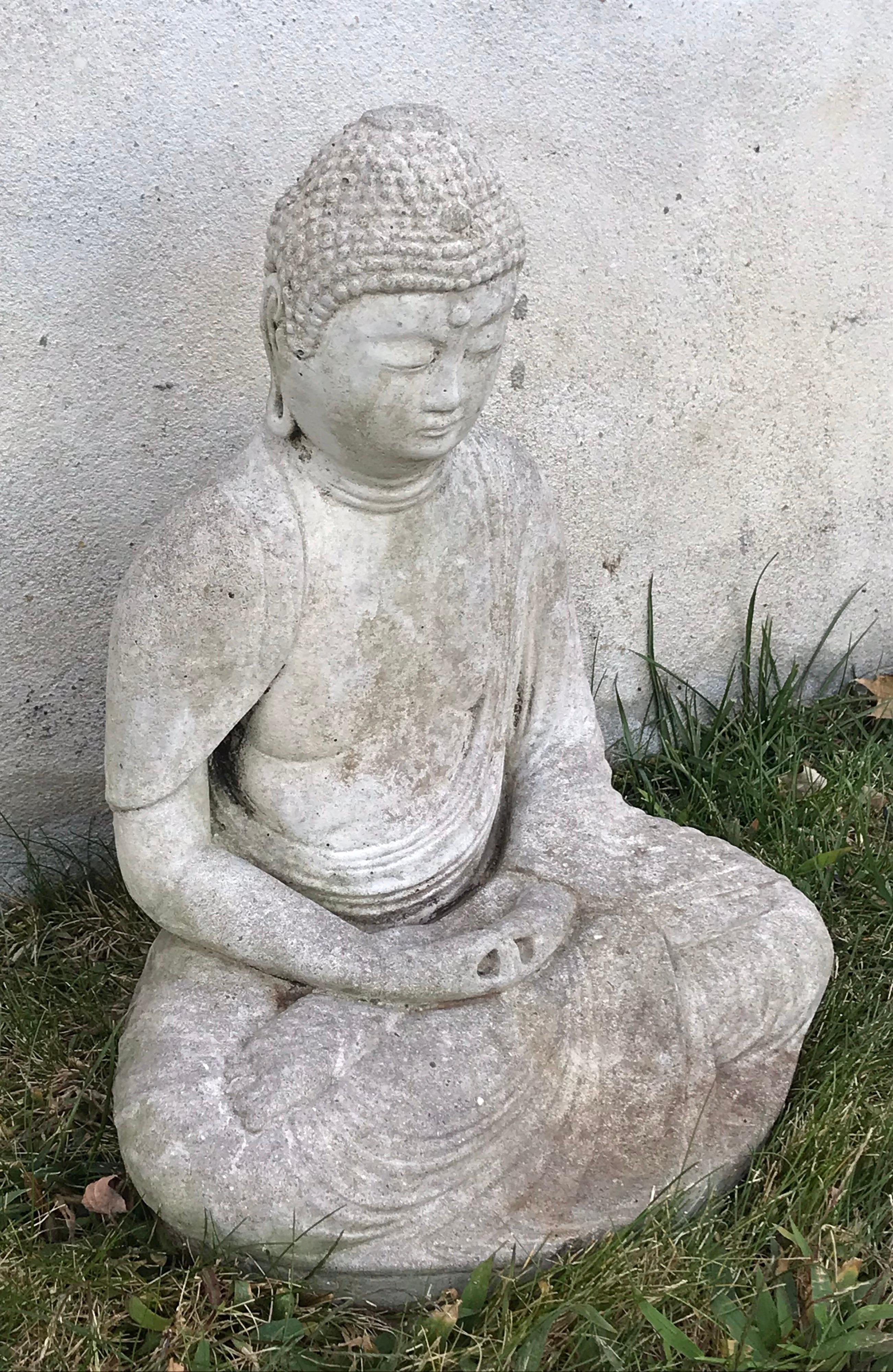 Very nice early 20th century carved stone seated Buddha, great for garden setting or indoors.