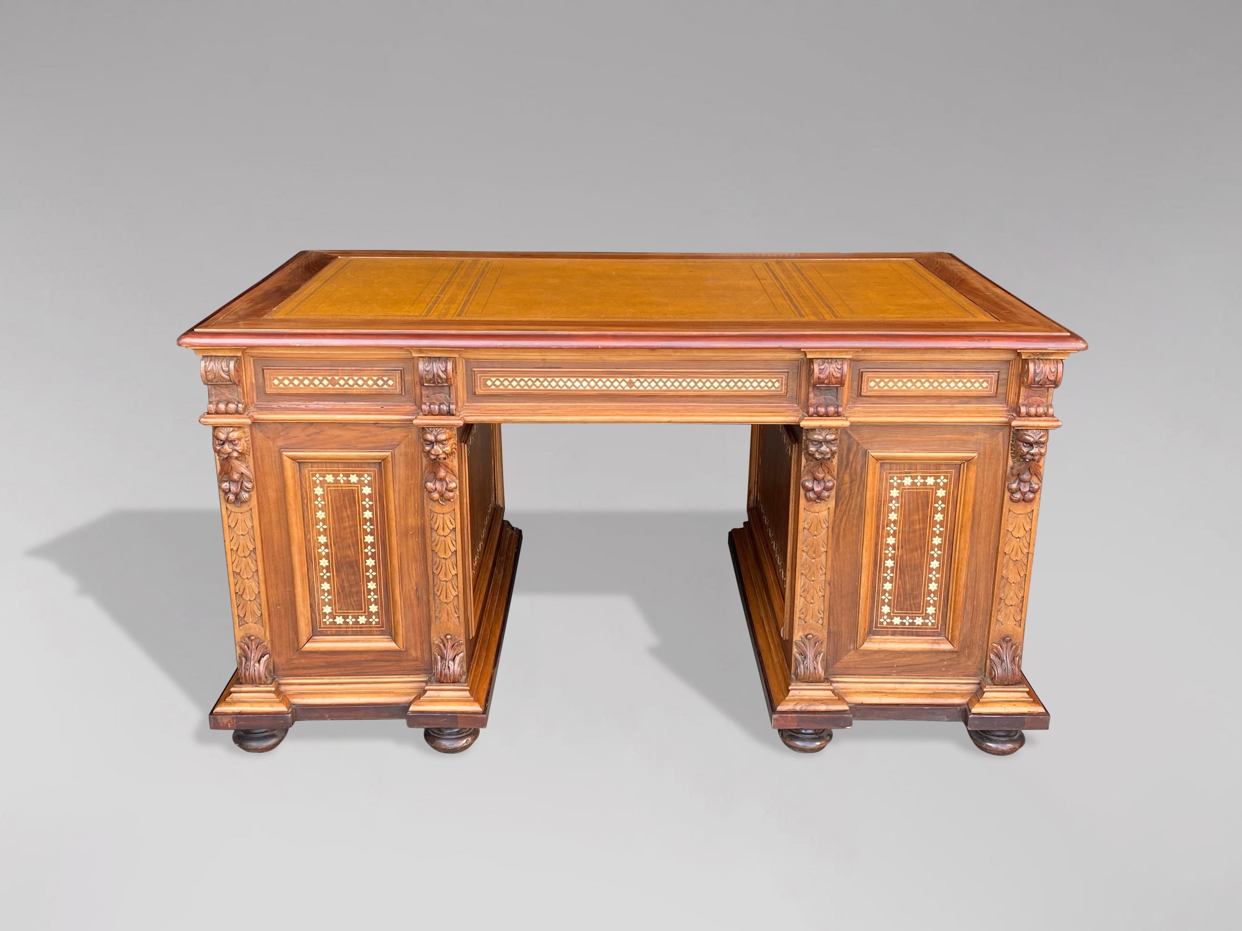 French Early 20th Century Carved Walnut & Bone Inlay Pedestal Desk
