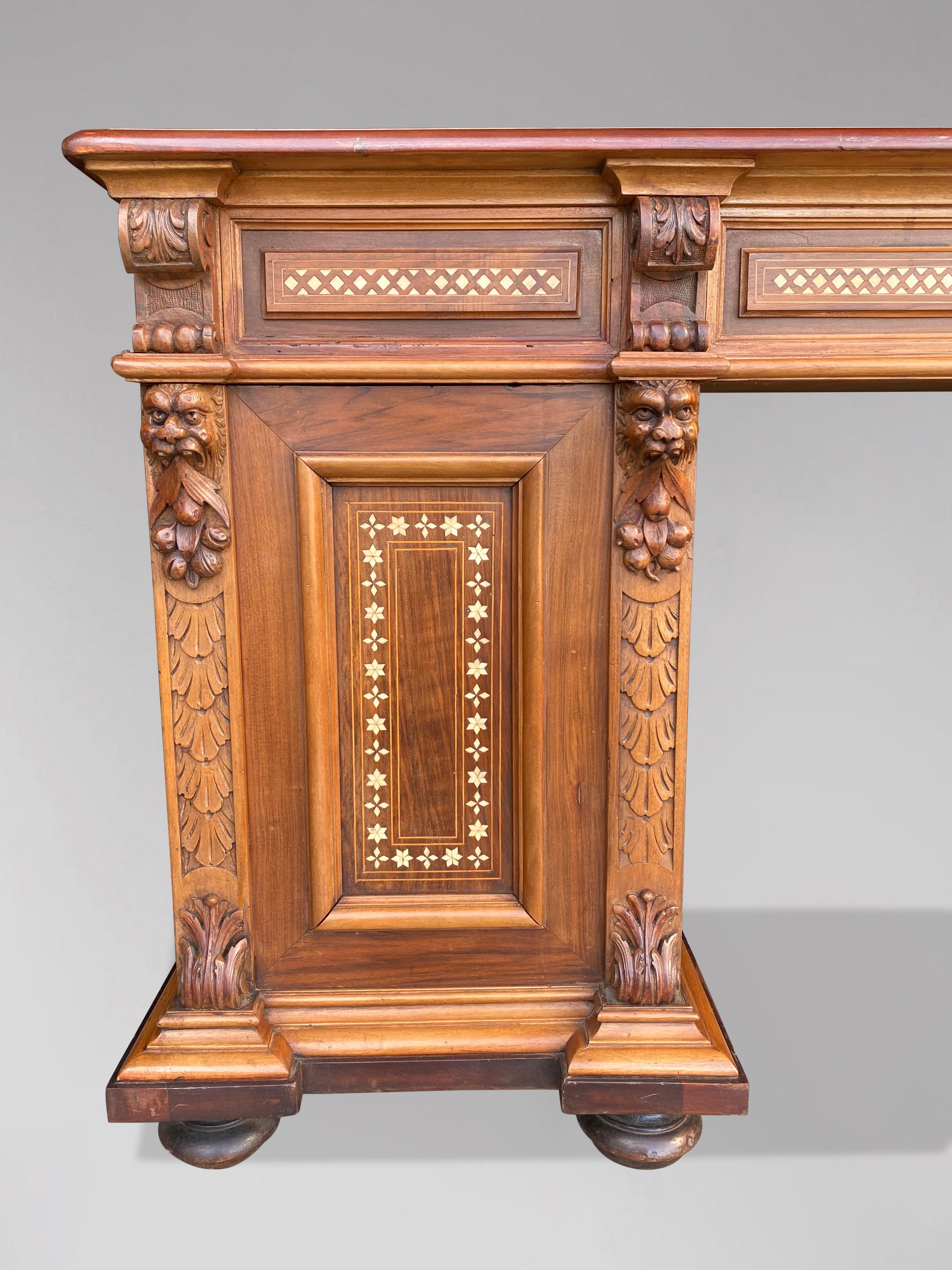 Hand-Crafted Early 20th Century Carved Walnut & Bone Inlay Pedestal Desk