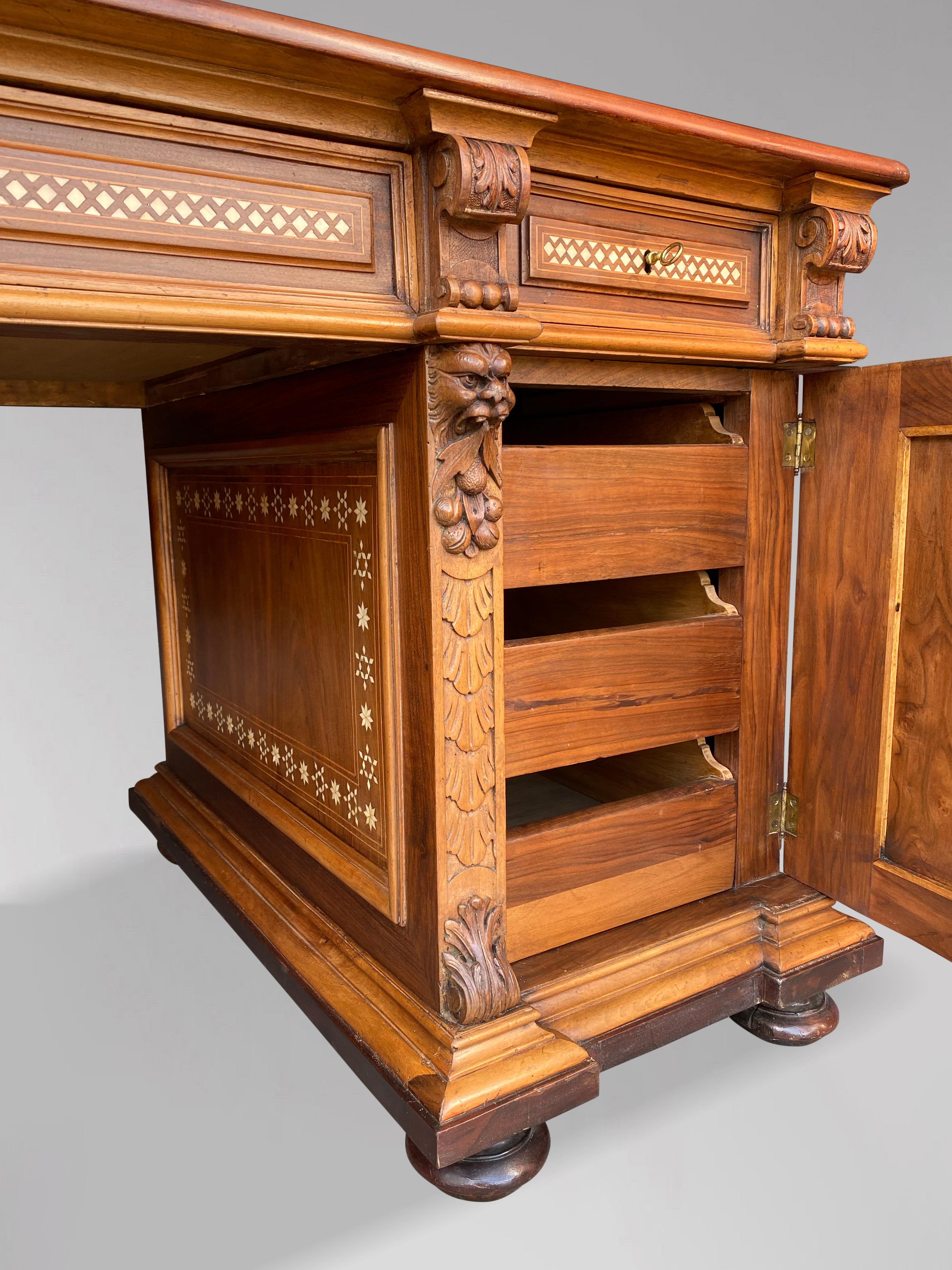 Early 20th Century Carved Walnut & Bone Inlay Pedestal Desk In Good Condition In Petworth,West Sussex, GB