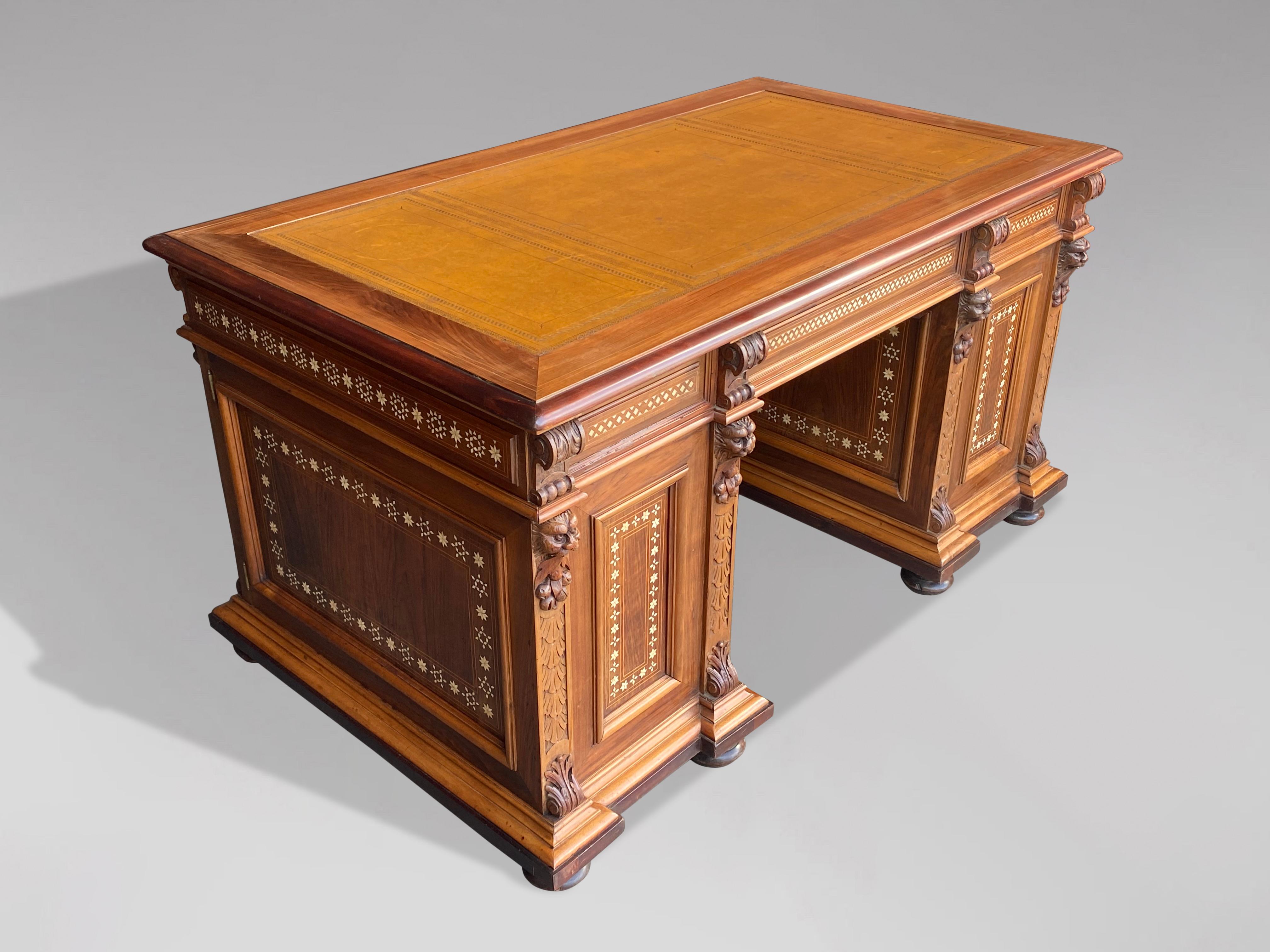 Early 20th Century Carved Walnut & Bone Inlay Pedestal Desk 2