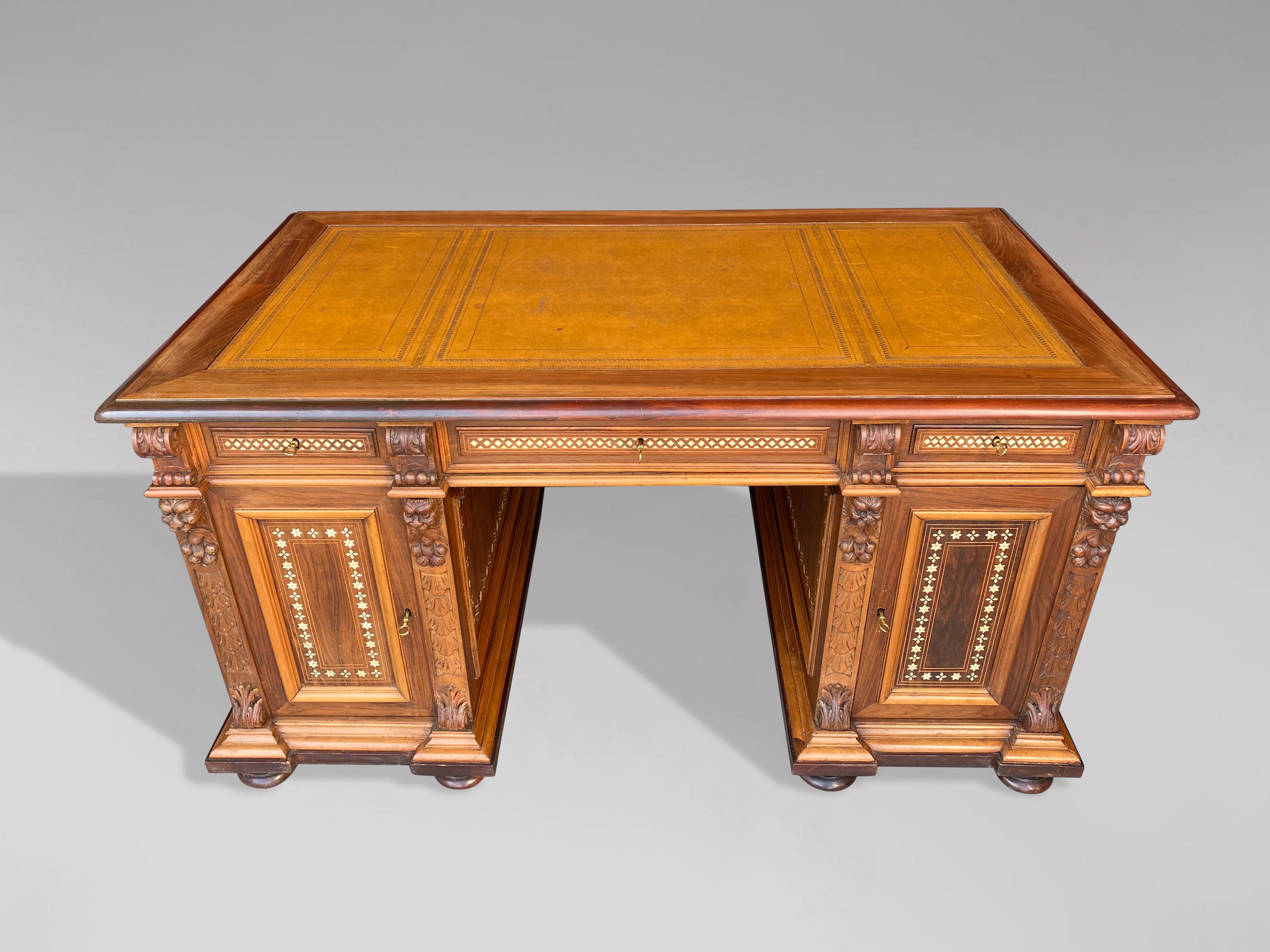 Early 20th Century Carved Walnut & Bone Inlay Pedestal Desk 3