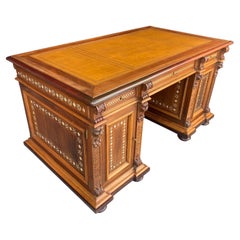 Early 20th Century Carved Walnut & Bone Inlay Pedestal Desk