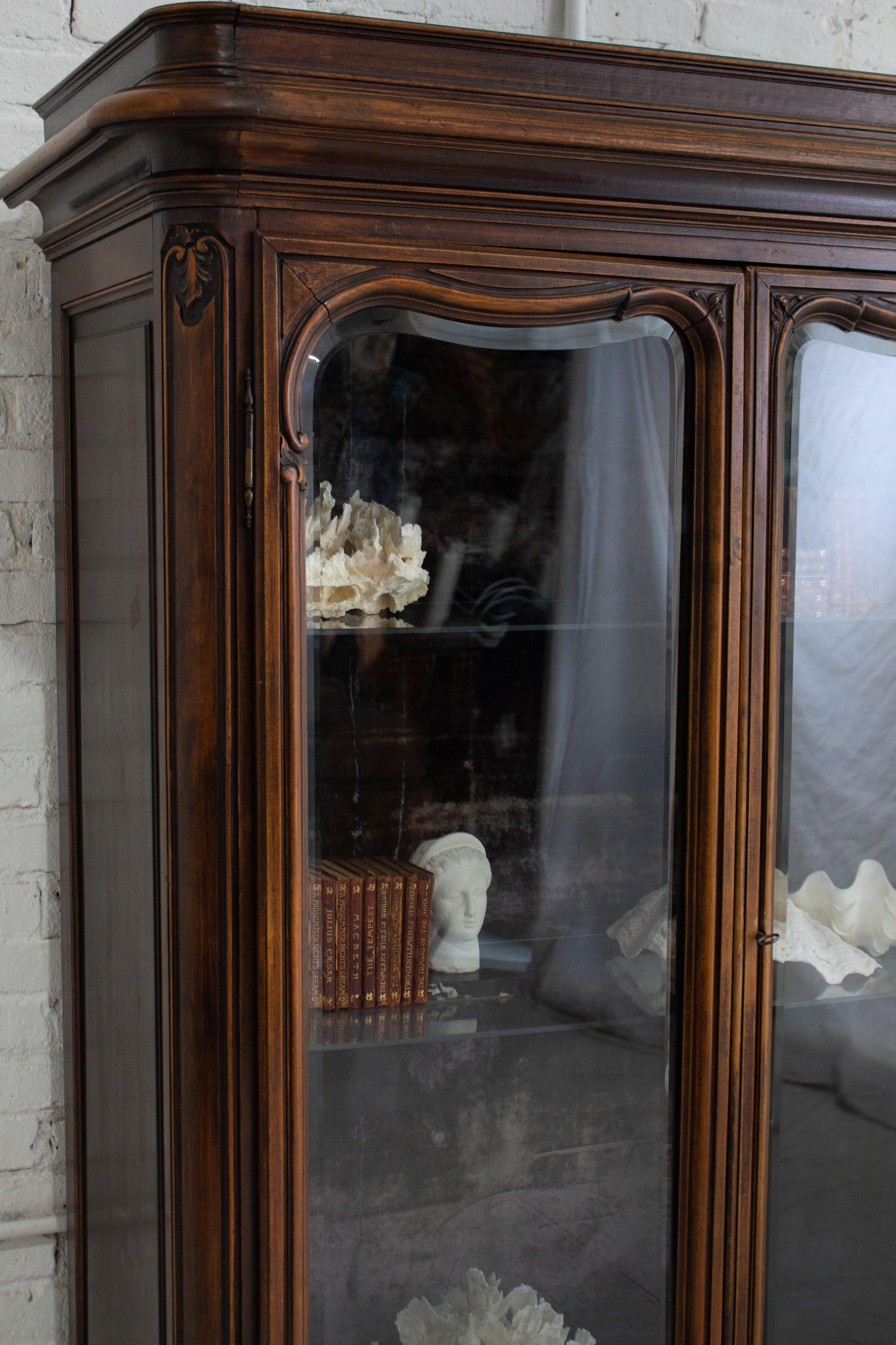 Art Deco Early 20th Century Carved Walnut Glass Front Curio Cabinet