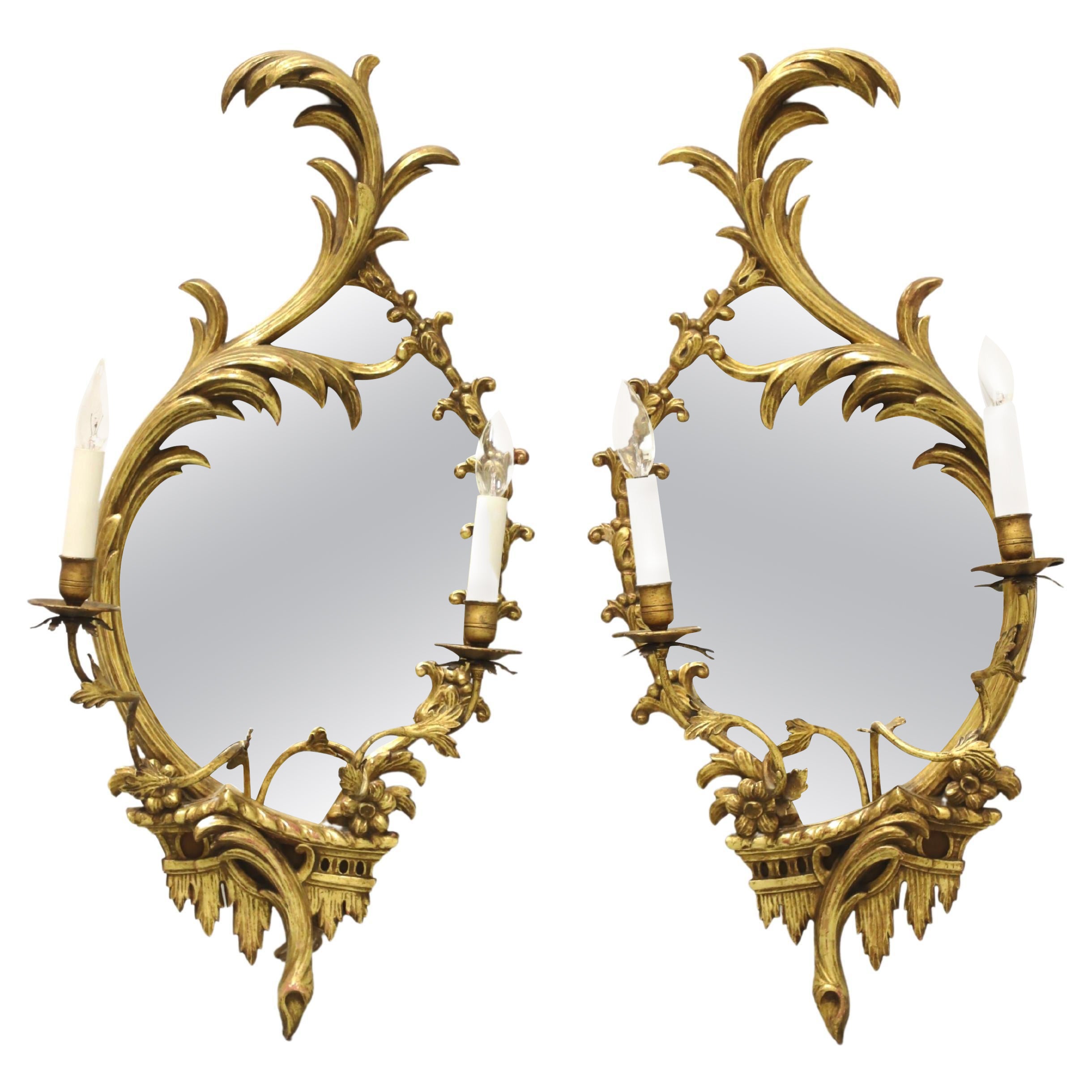 Early 20th Century Carved Wood Electrified Candle Mirror Wall Sconces - Pair B