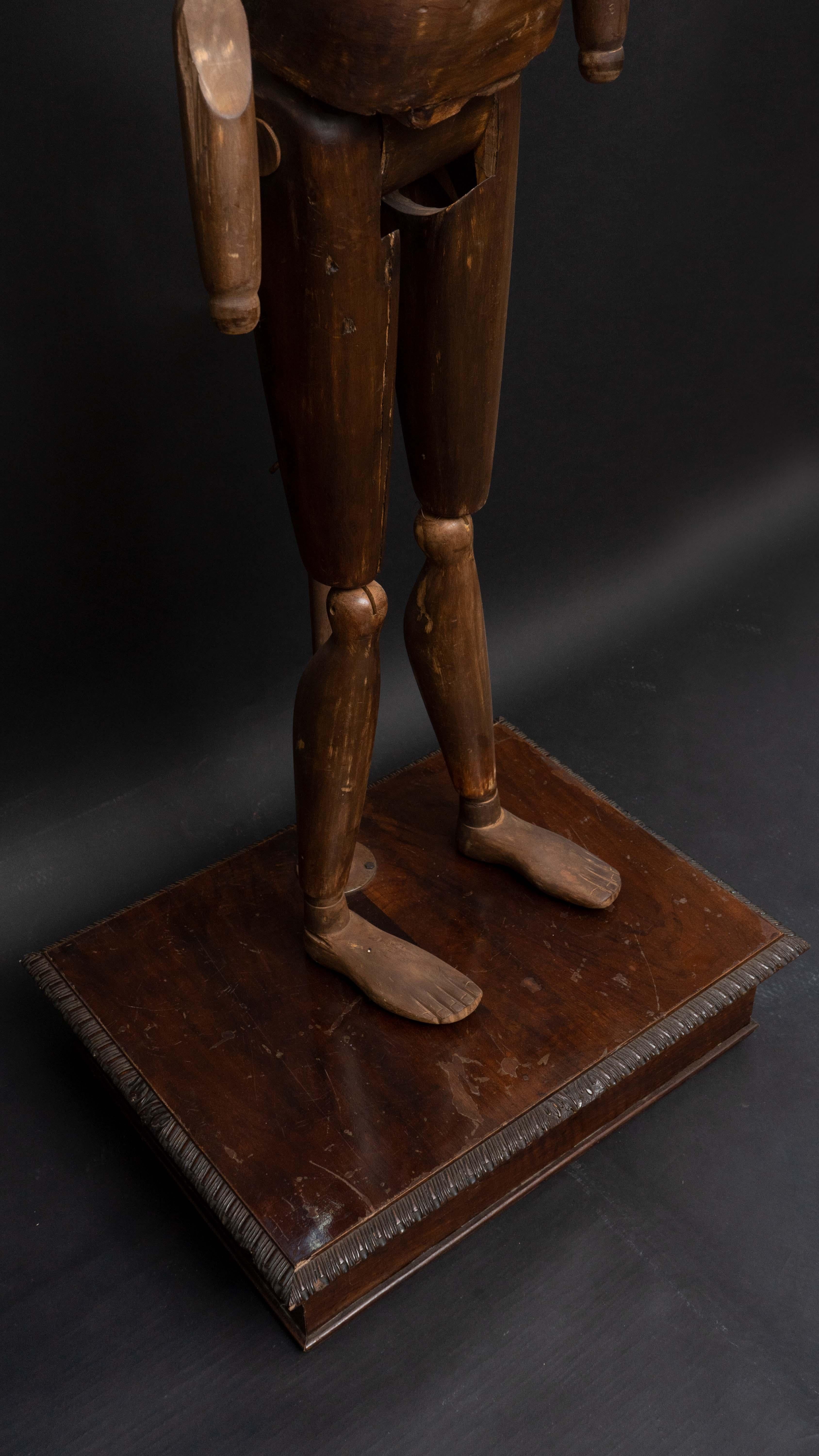 Early 20th Century Carved Wood Mannequin on Carved Wood Base In Good Condition For Sale In New York, NY