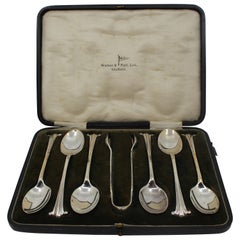 Early 20th Century Cased Solid Silver Set of 6 Tea Spoons and Sugar Tongs
