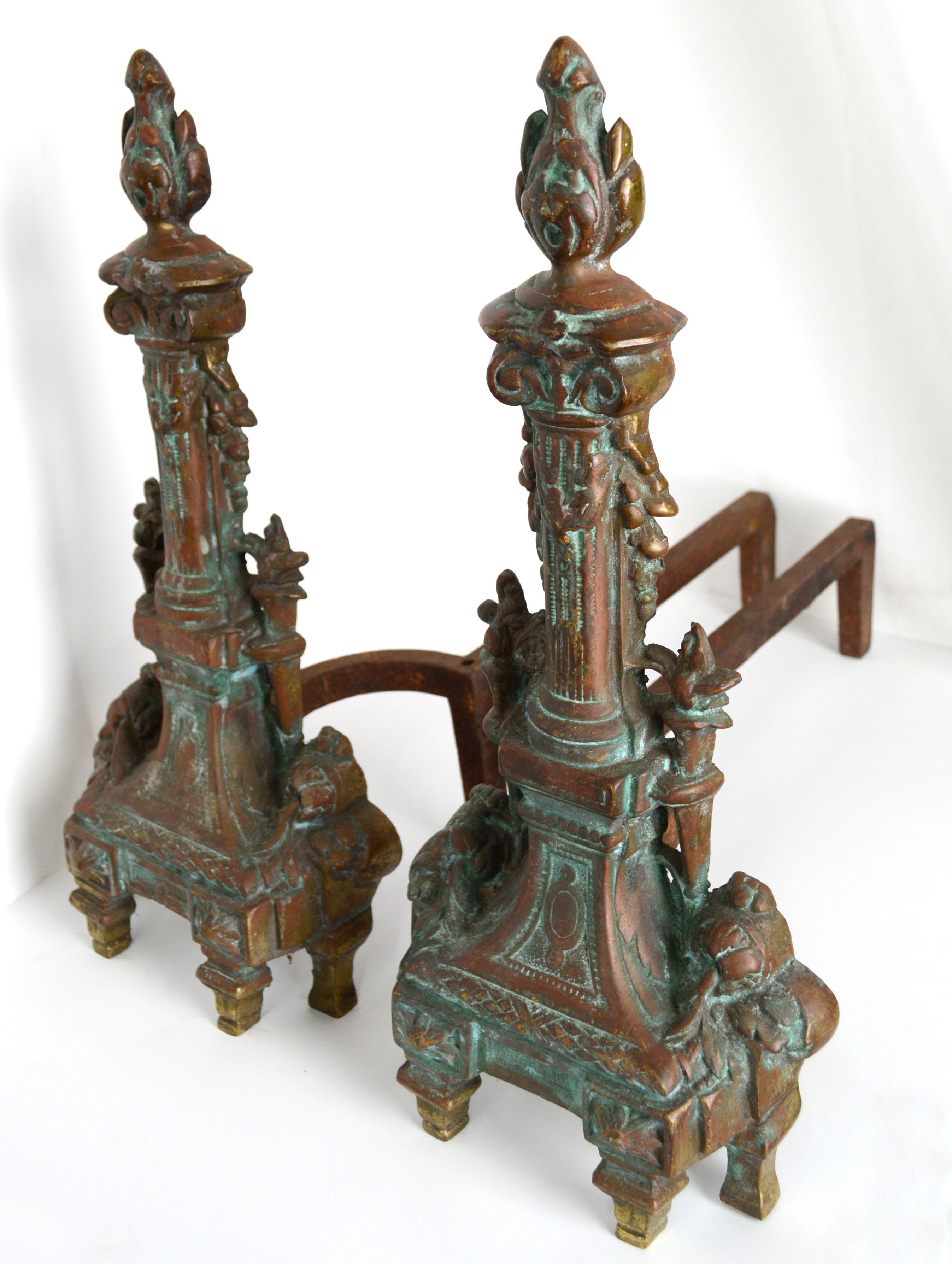 Early 20th Century Cast Brass & Iron Sheffield NY Baroque Style Andirons

Ornately detailed, Baroque style heavy duty cast brass and iron fireplace andirons by Sheffield NY (American, 20th Century). Stamped 