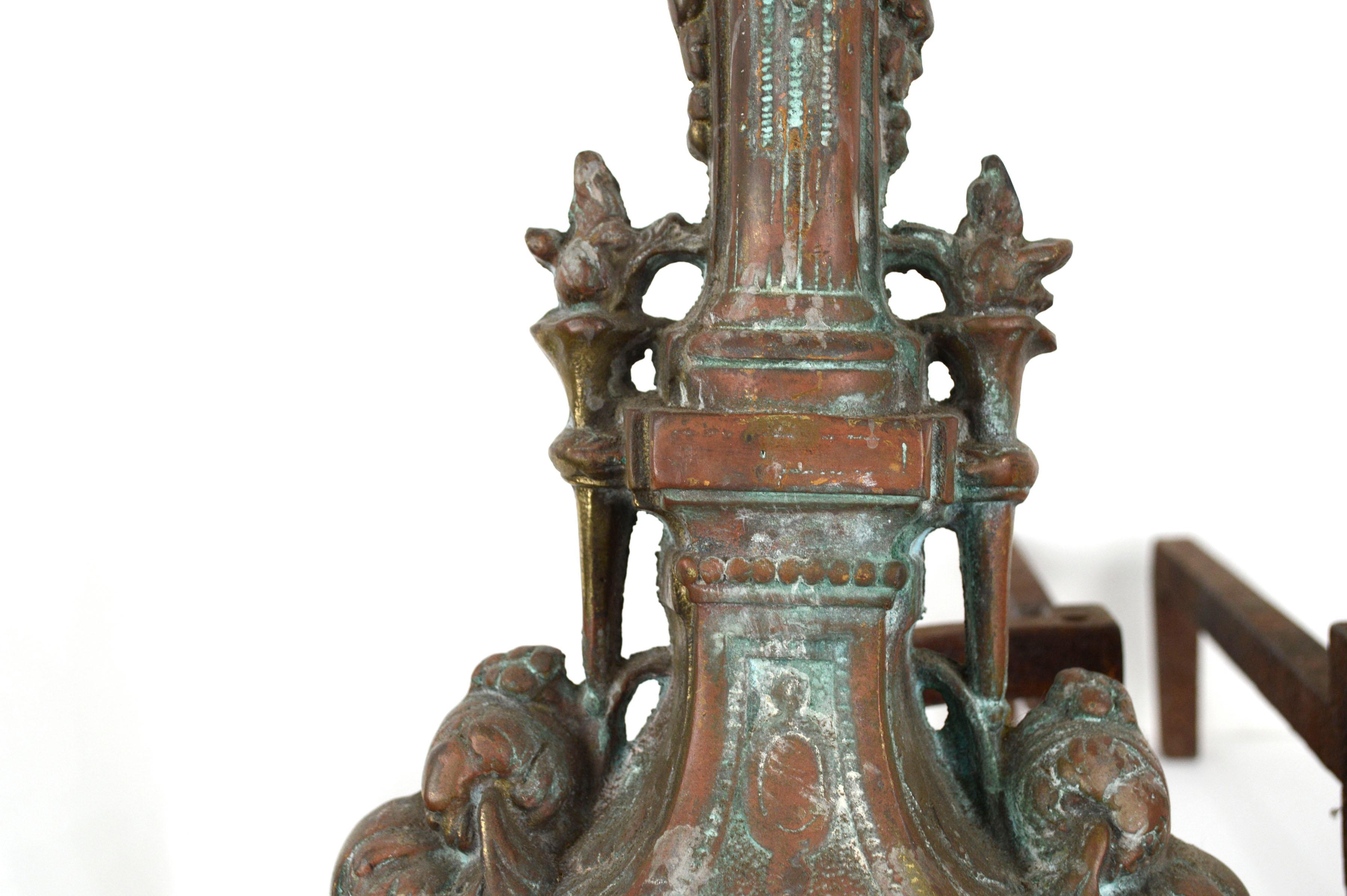 North American Early 20th Century Cast Brass & Iron Sheffield NY Baroque Style Andirons For Sale