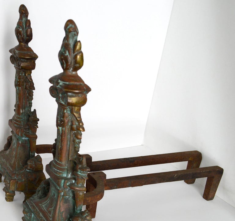 Early 20th Century Cast Brass & Iron Sheffield NY Baroque Style Andirons For Sale 2