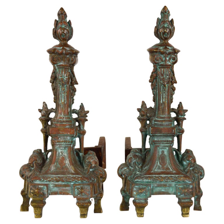 Early 20th Century Cast Brass & Iron Sheffield NY Baroque Style Andirons For Sale