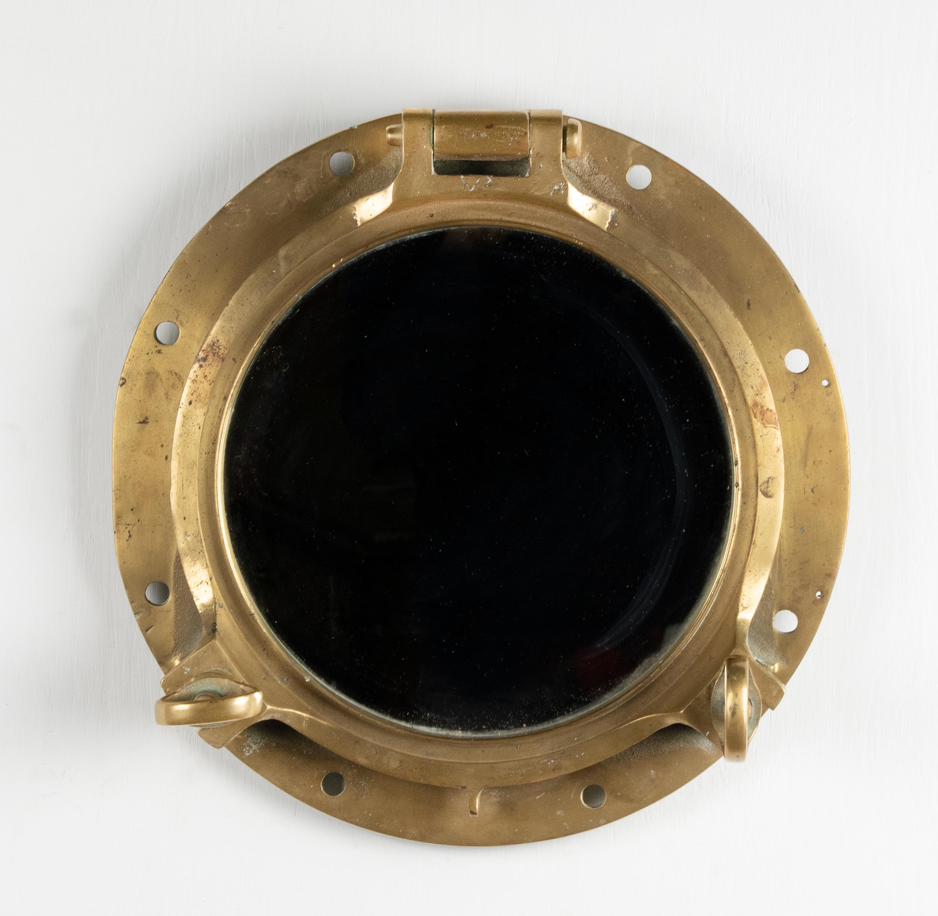 Industrial Early 20th Century Cast Brass Mirror Ship Porthole