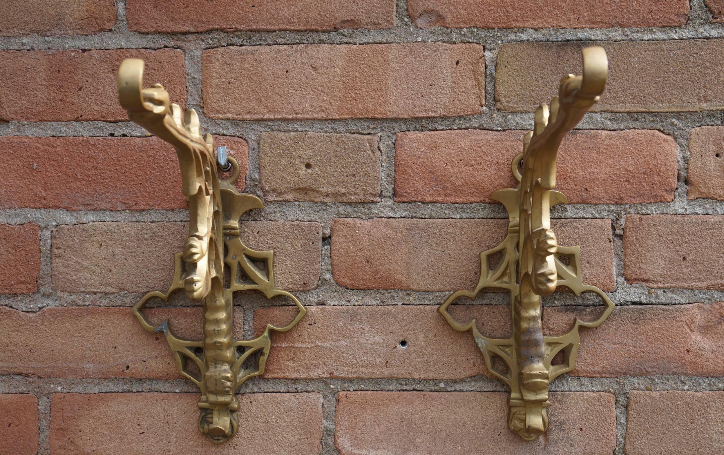 Early 20th Century Cast Brass or Bronze Gothic Revival Wall Brackets with Hooks 4