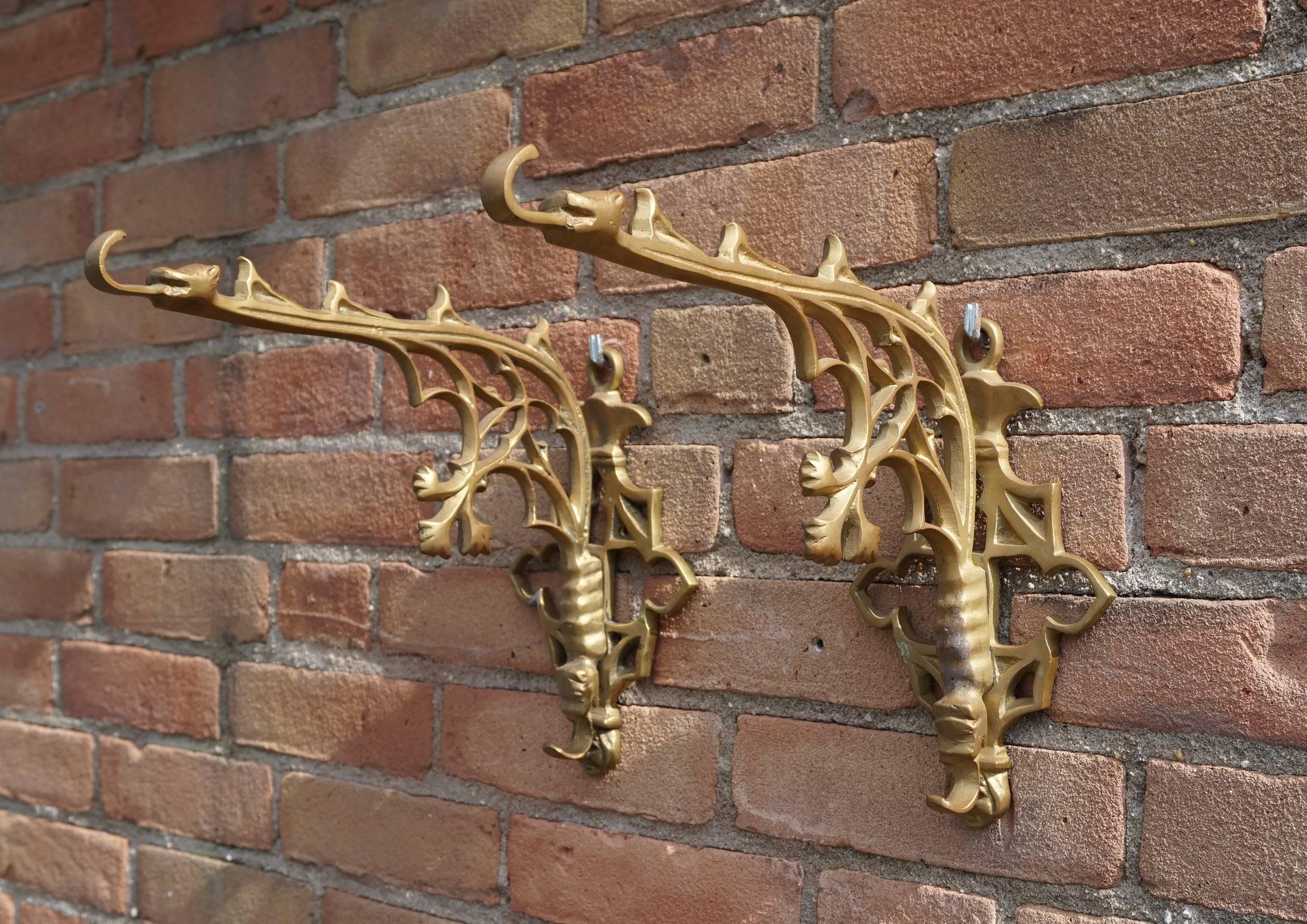 Early 20th Century Cast Brass or Bronze Gothic Revival Wall Brackets with Hooks 7