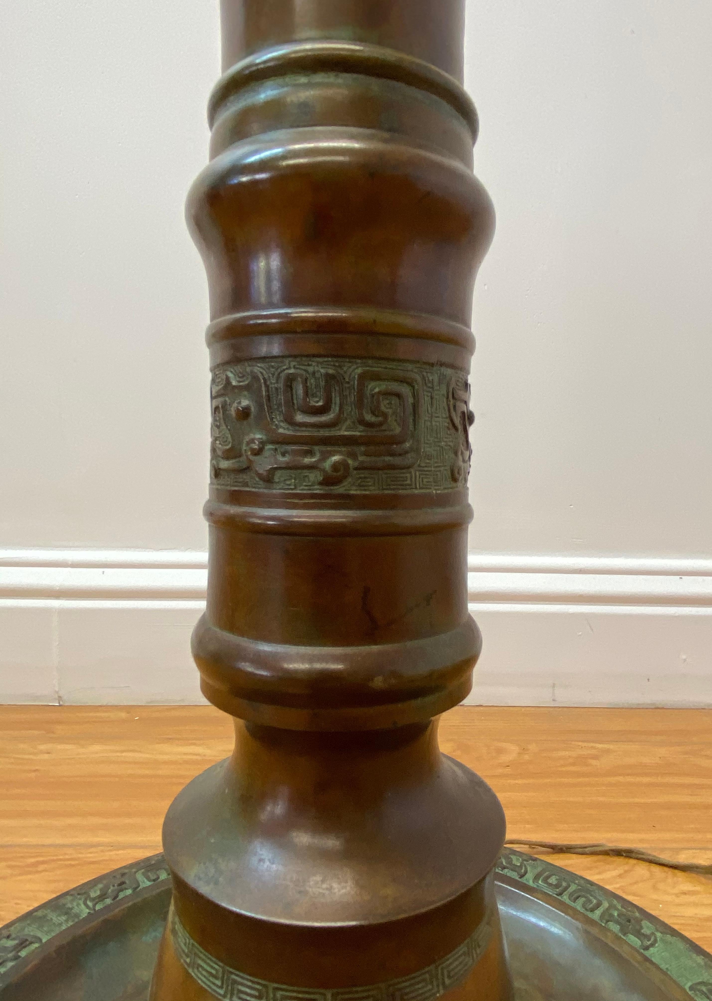 Early 20th Century Cast Bronze Floor Lamp with Neolithic Chinese Motif  In Good Condition For Sale In San Francisco, CA