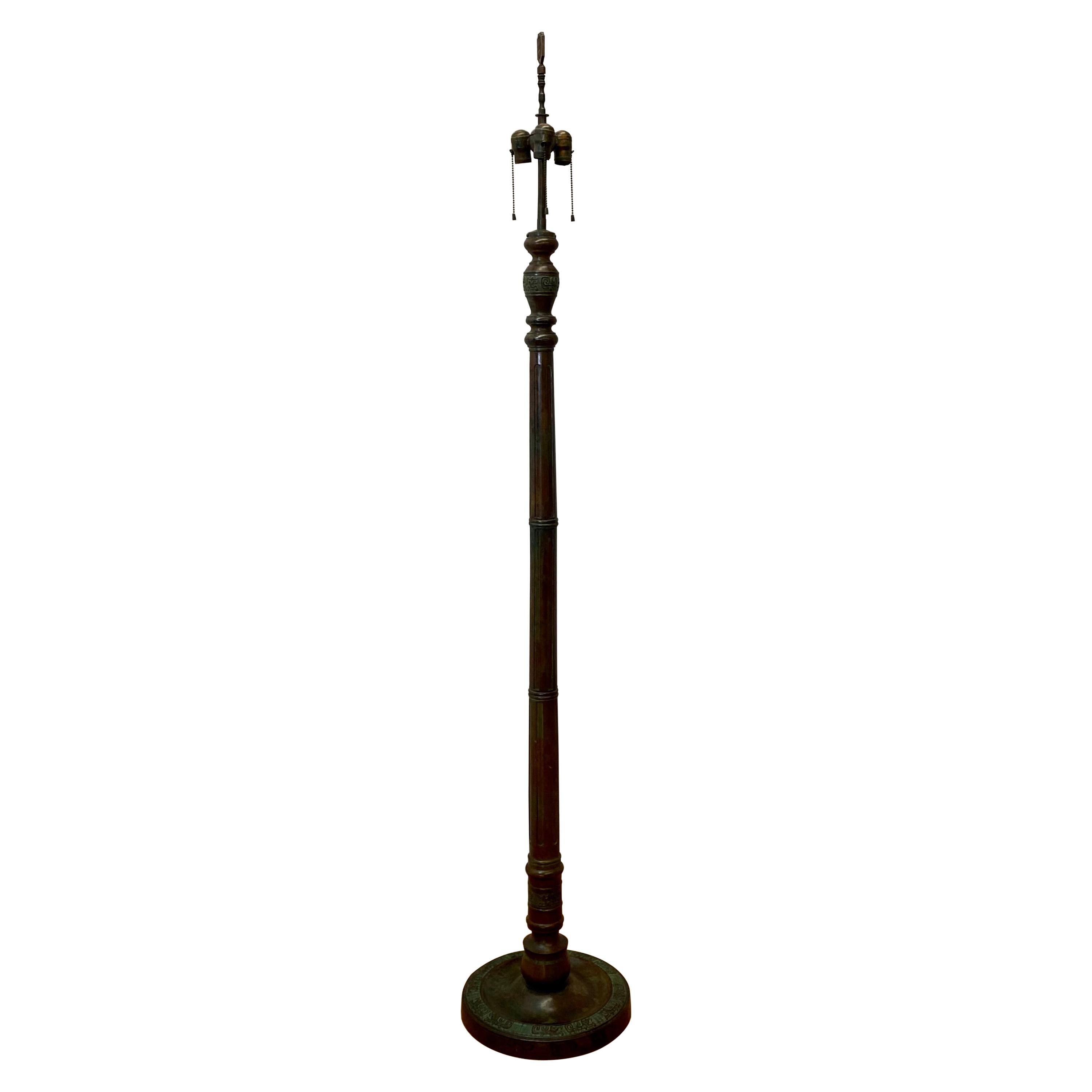 Early 20th Century Cast Bronze Floor Lamp with Neolithic Chinese Motif  For Sale