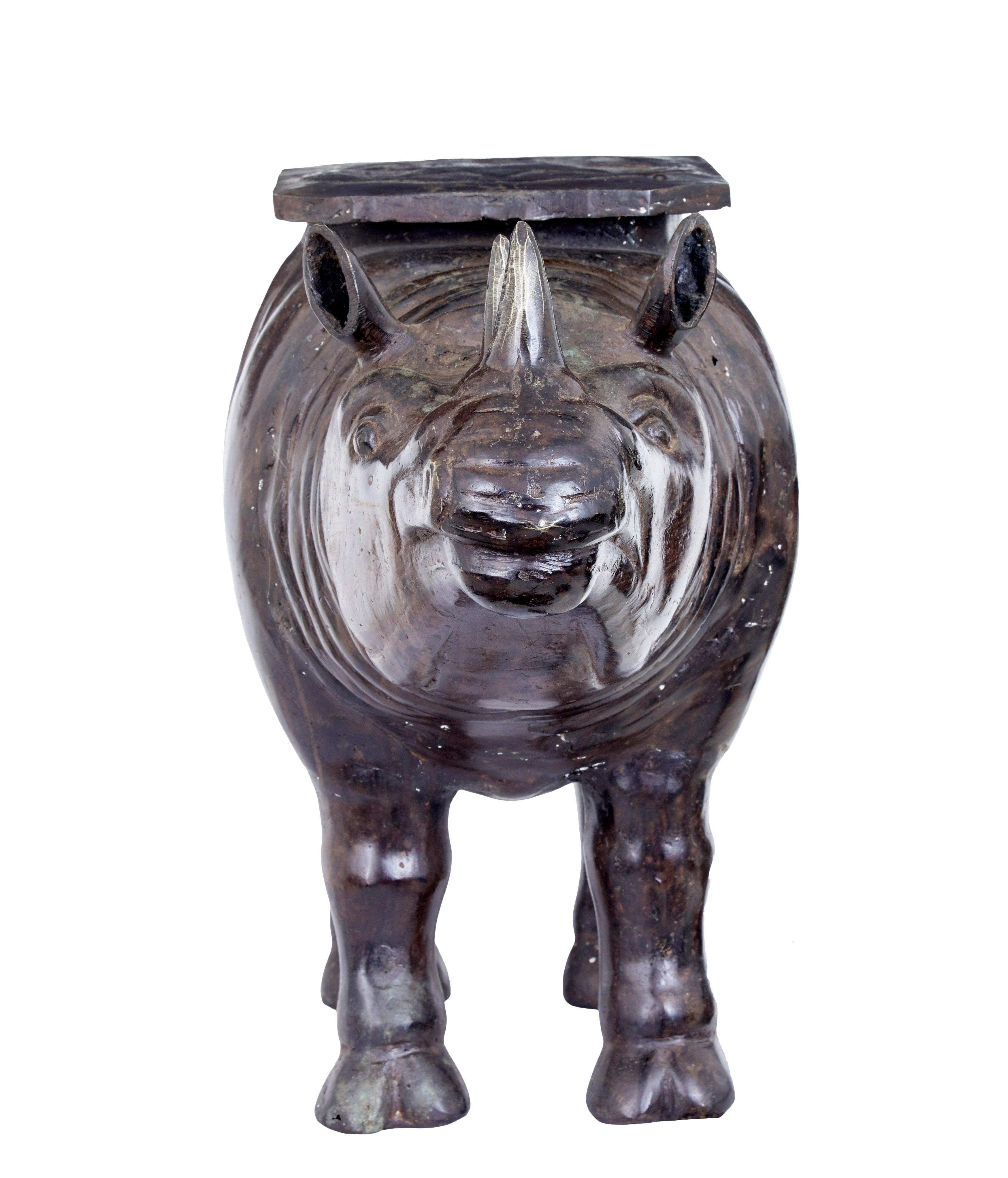 Anglo-Indian Early 20th Century Cast Bronze Rhino Occasional Table