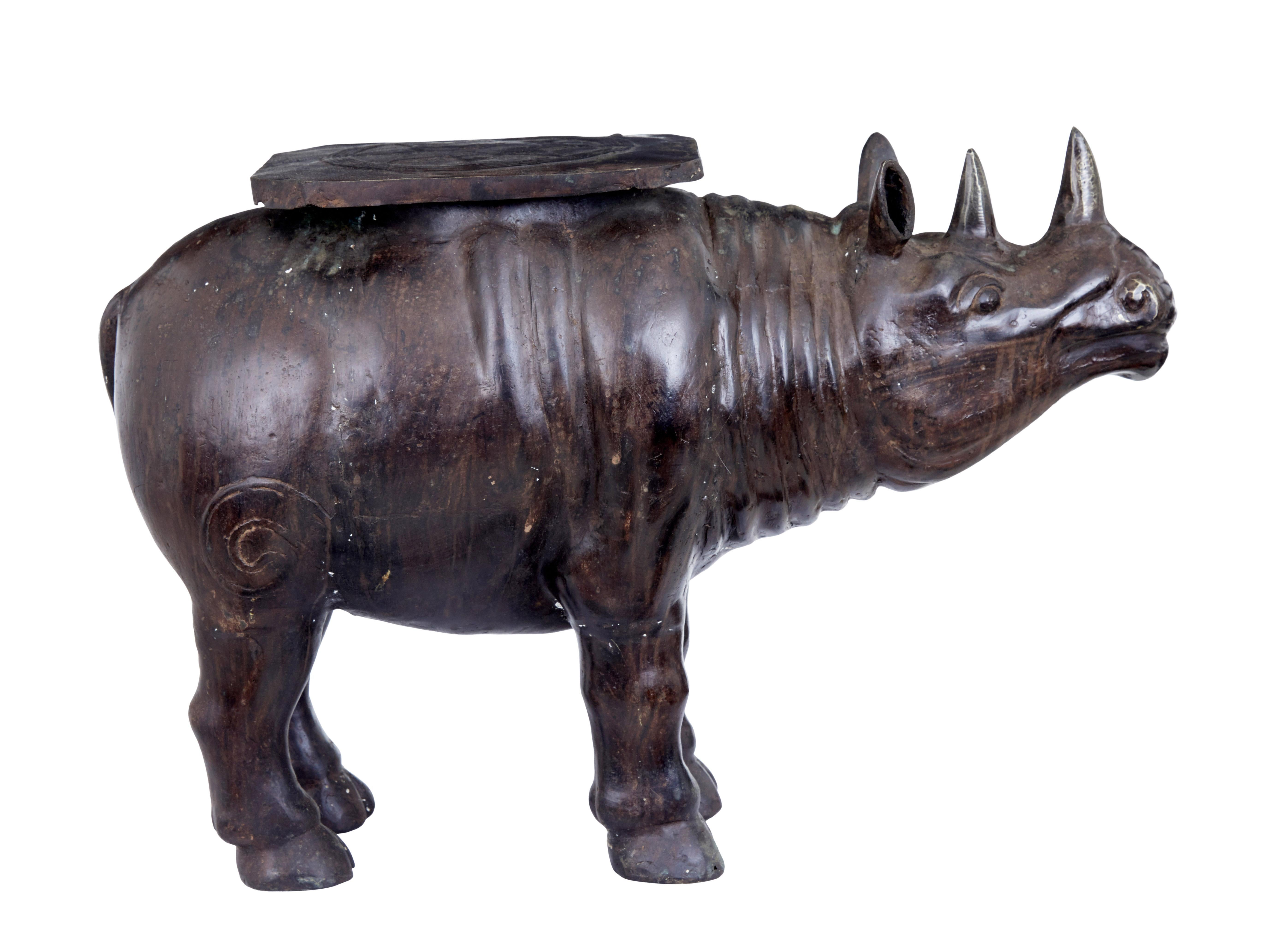 Indian Early 20th Century Cast Bronze Rhino Occasional Table