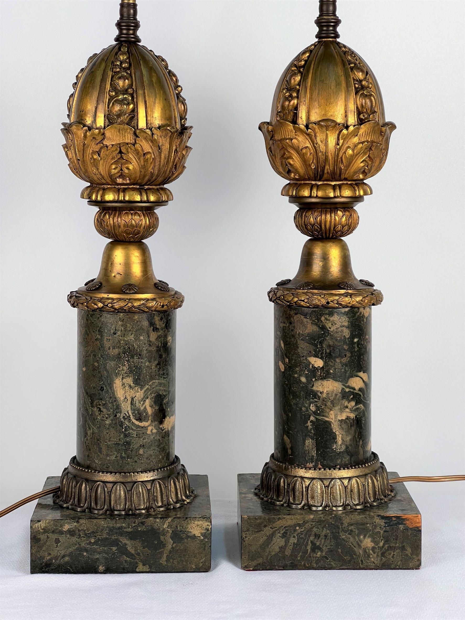 Belle Époque Early 20th Century Cast Decorative Bronze and Faux Marble Table Lamps For Sale