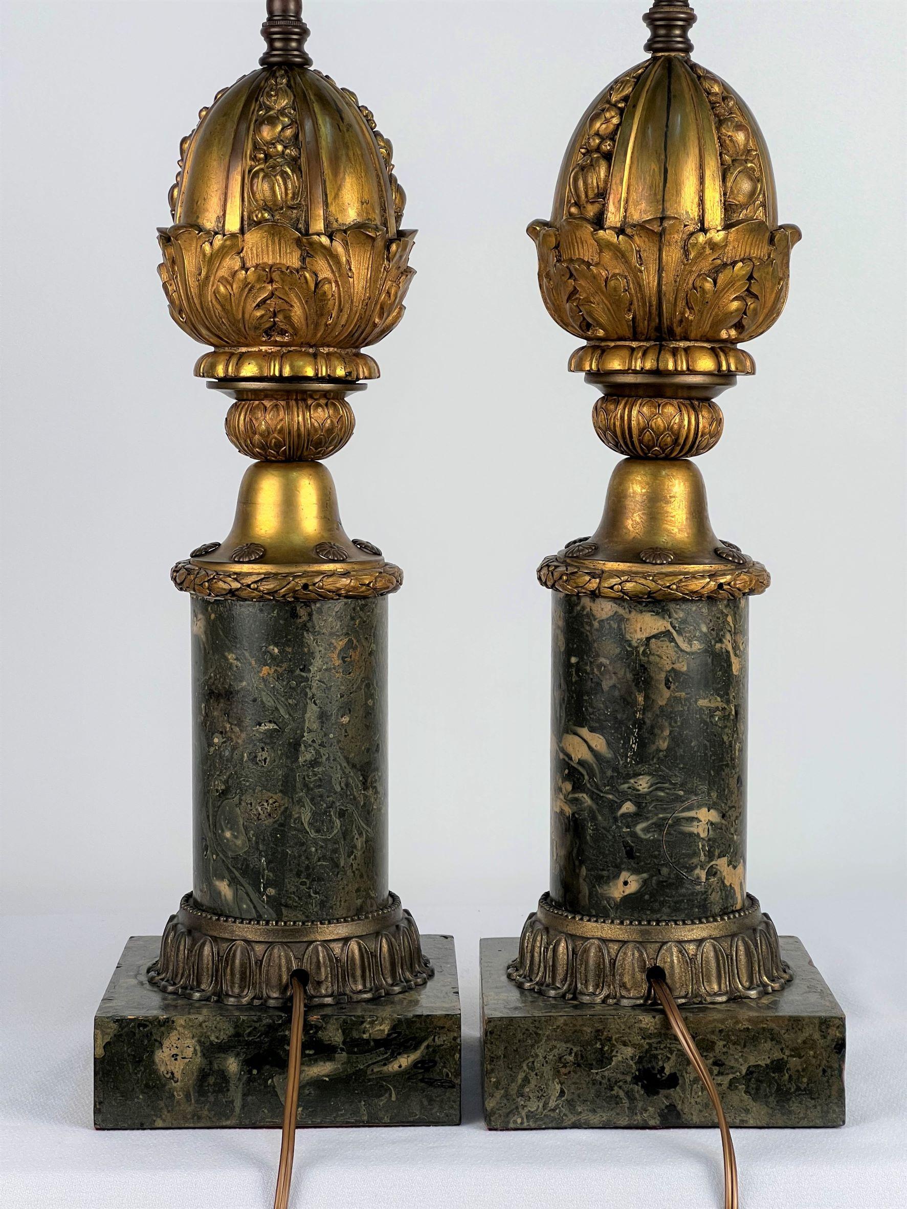American Early 20th Century Cast Decorative Bronze and Faux Marble Table Lamps For Sale