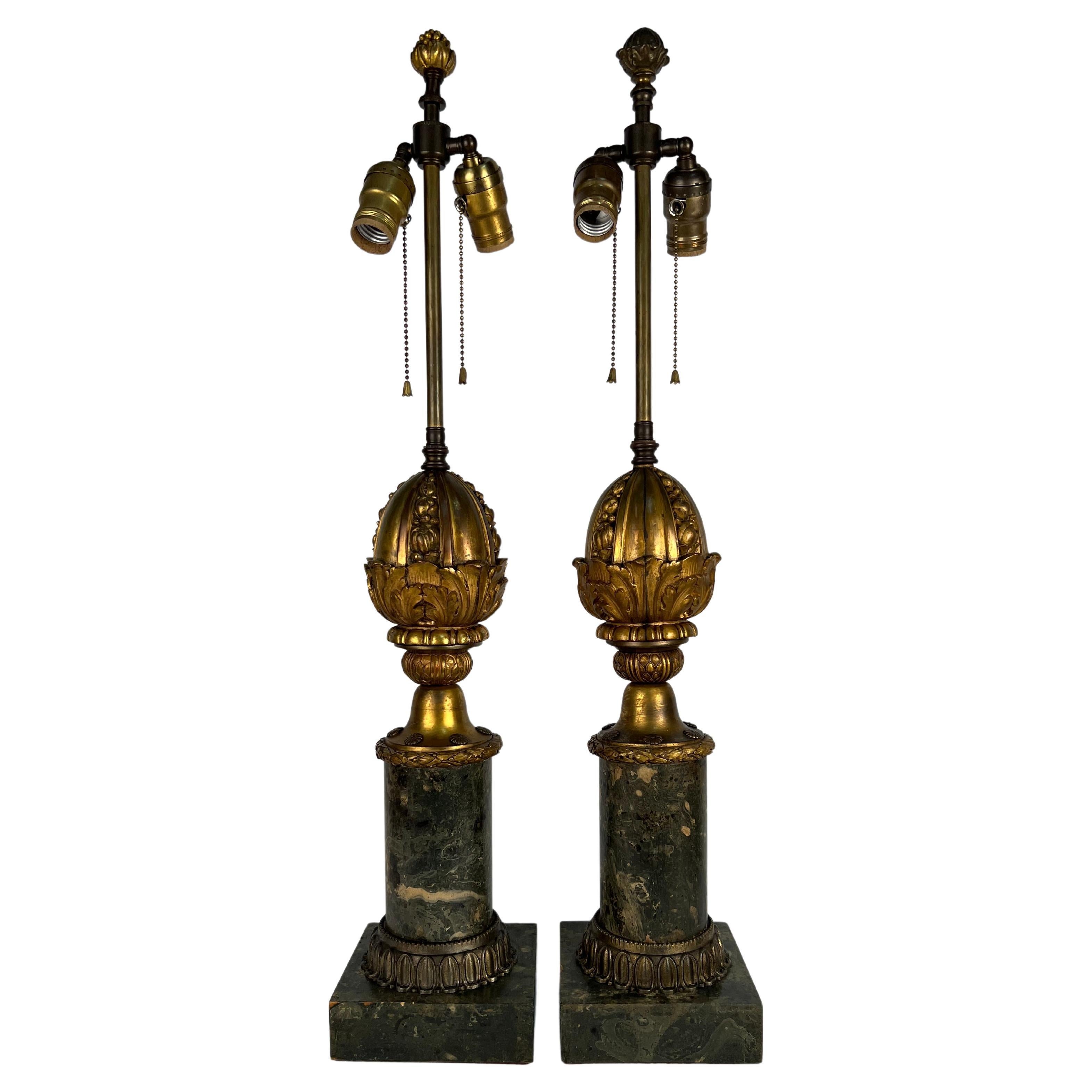 Early 20th Century Cast Decorative Bronze and Faux Marble Table Lamps For Sale