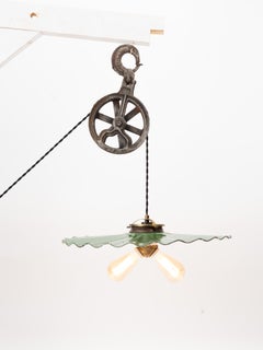Early 20th Century Cast Iron And Porcelain Pulley Pendant Lamp Light Fixture