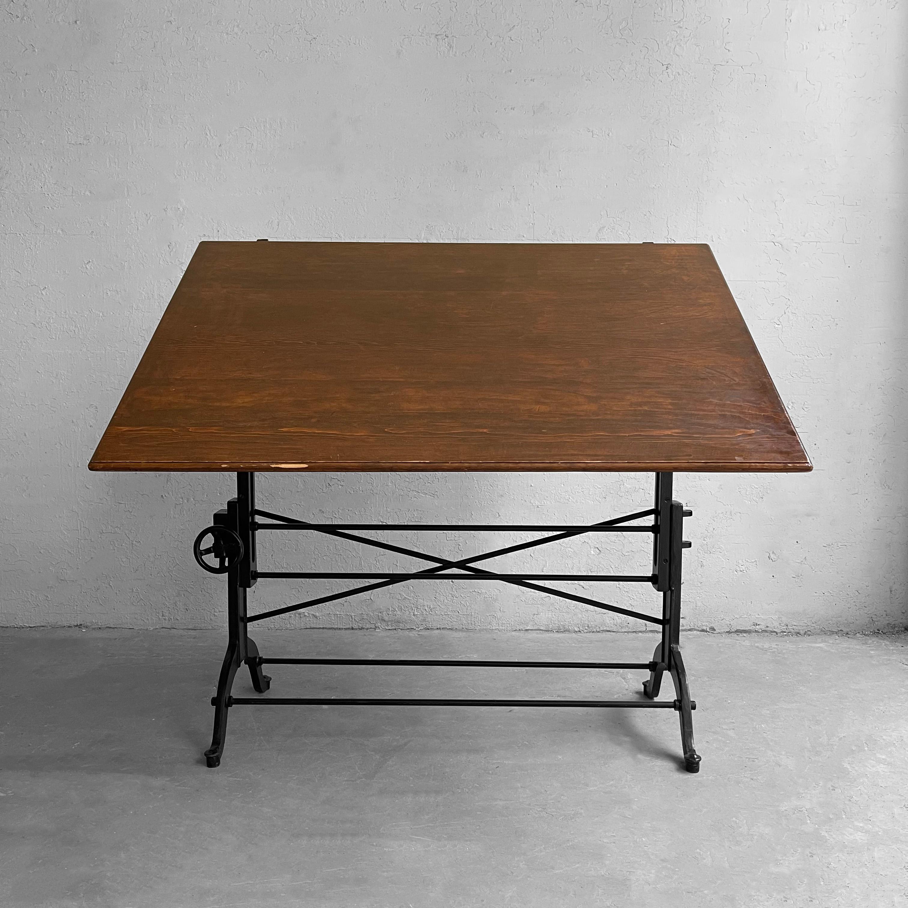 Industrial Early 20th Century Cast Iron Maple Drafting Table by Frederick Post Co
