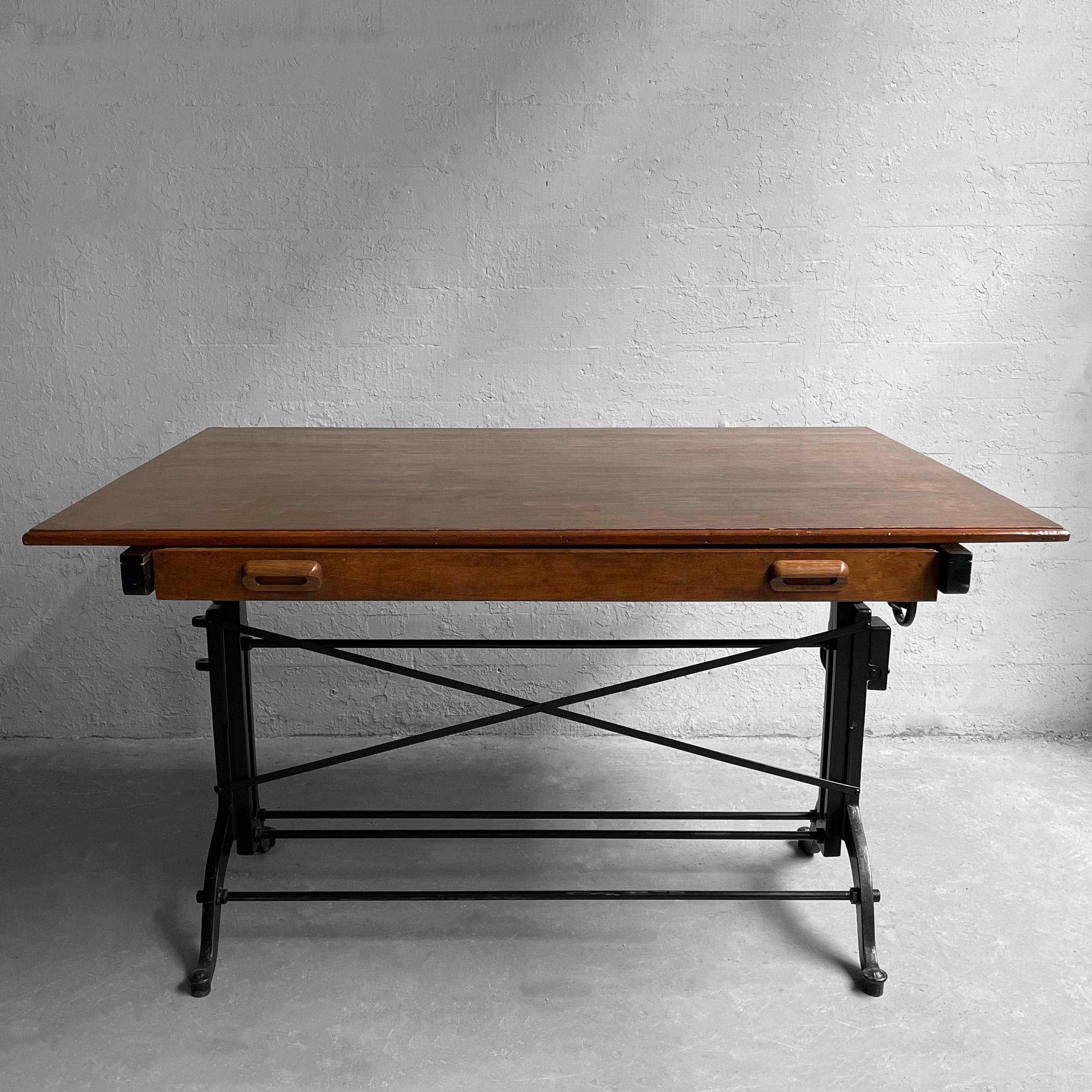 Early 20th Century Cast Iron Maple Drafting Table by Frederick Post Co 1