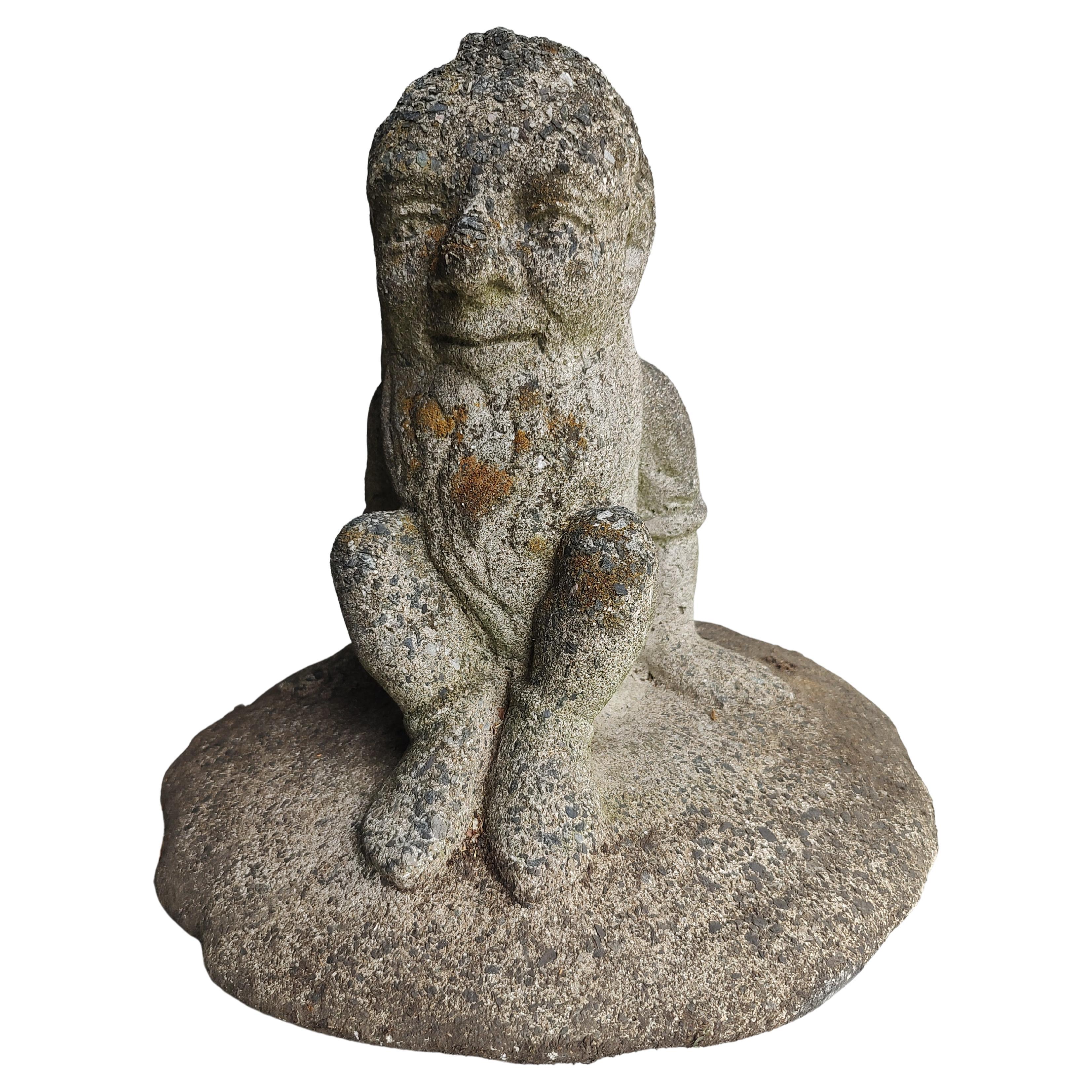Adirondack Early 20th Century Cast Stone Garden Gnome Sitting on a Pad