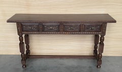 Early 20th Century Catalan Spanish Carved Walnut Console Table with Thre Drawers