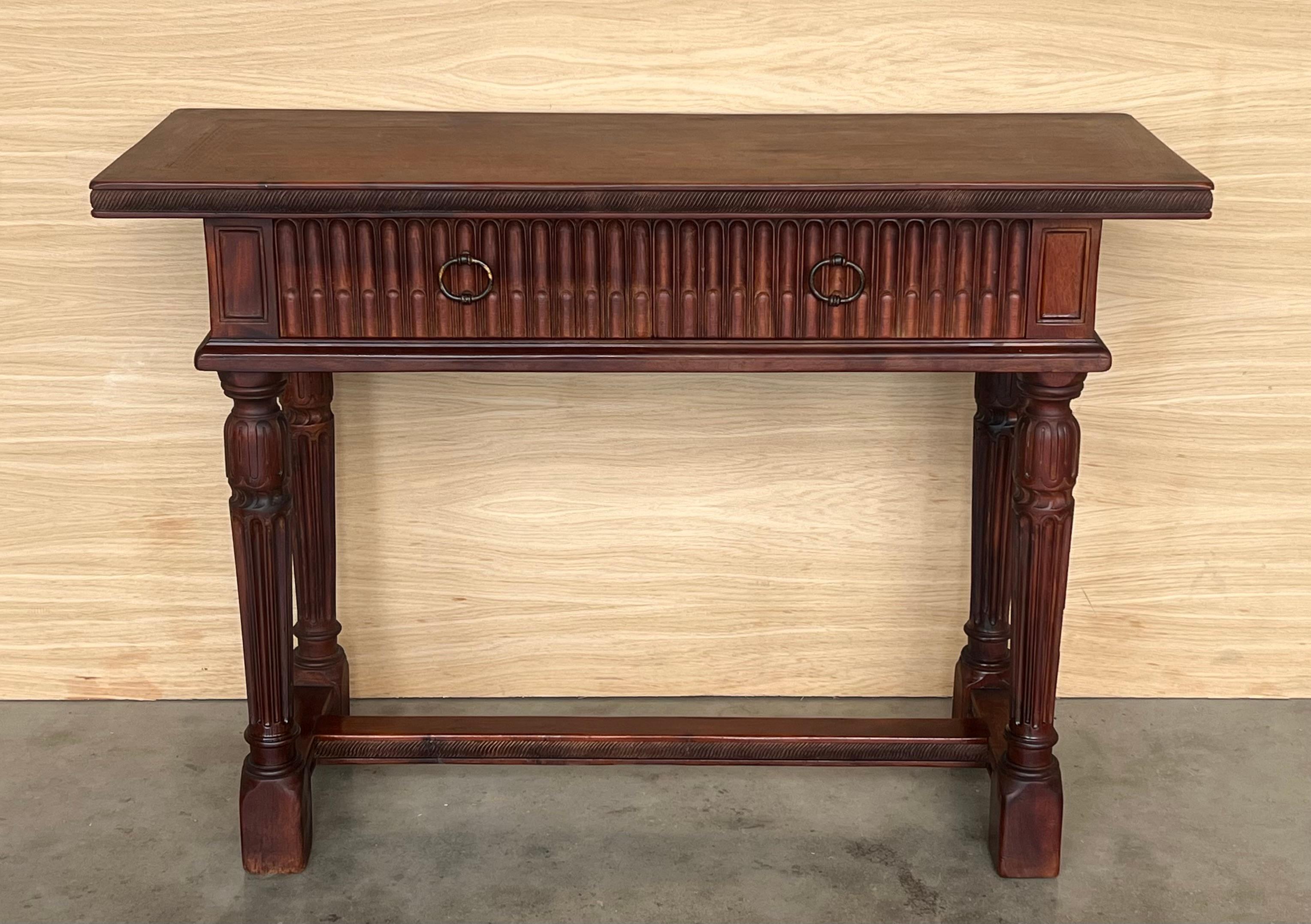 Baroque Early 20th Century Catalan Spanish Carved Walnut Console Table with Two Drawers For Sale