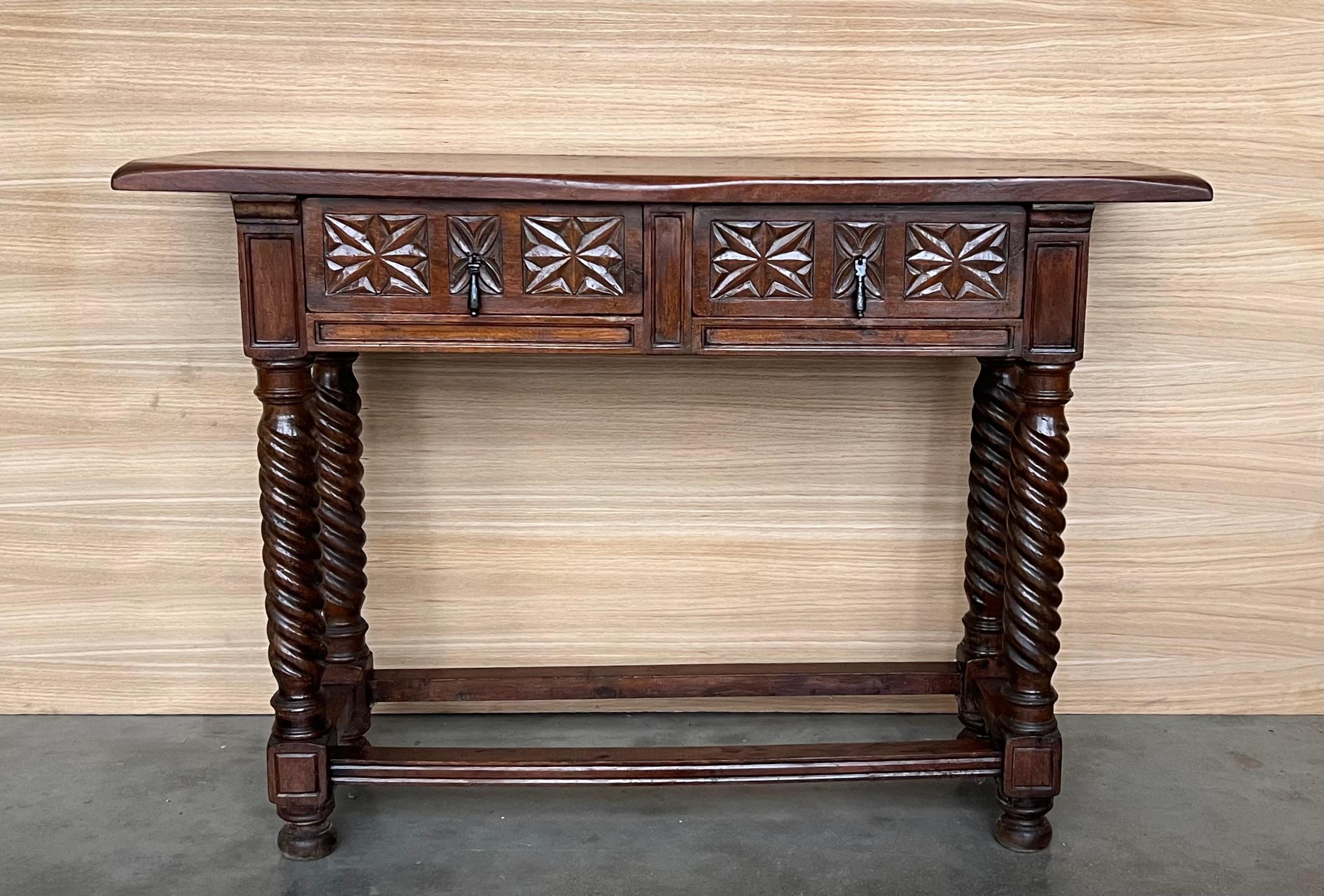 Baroque Early 20th Century Catalan Spanish Carved Walnut Console Table with Two Drawers For Sale