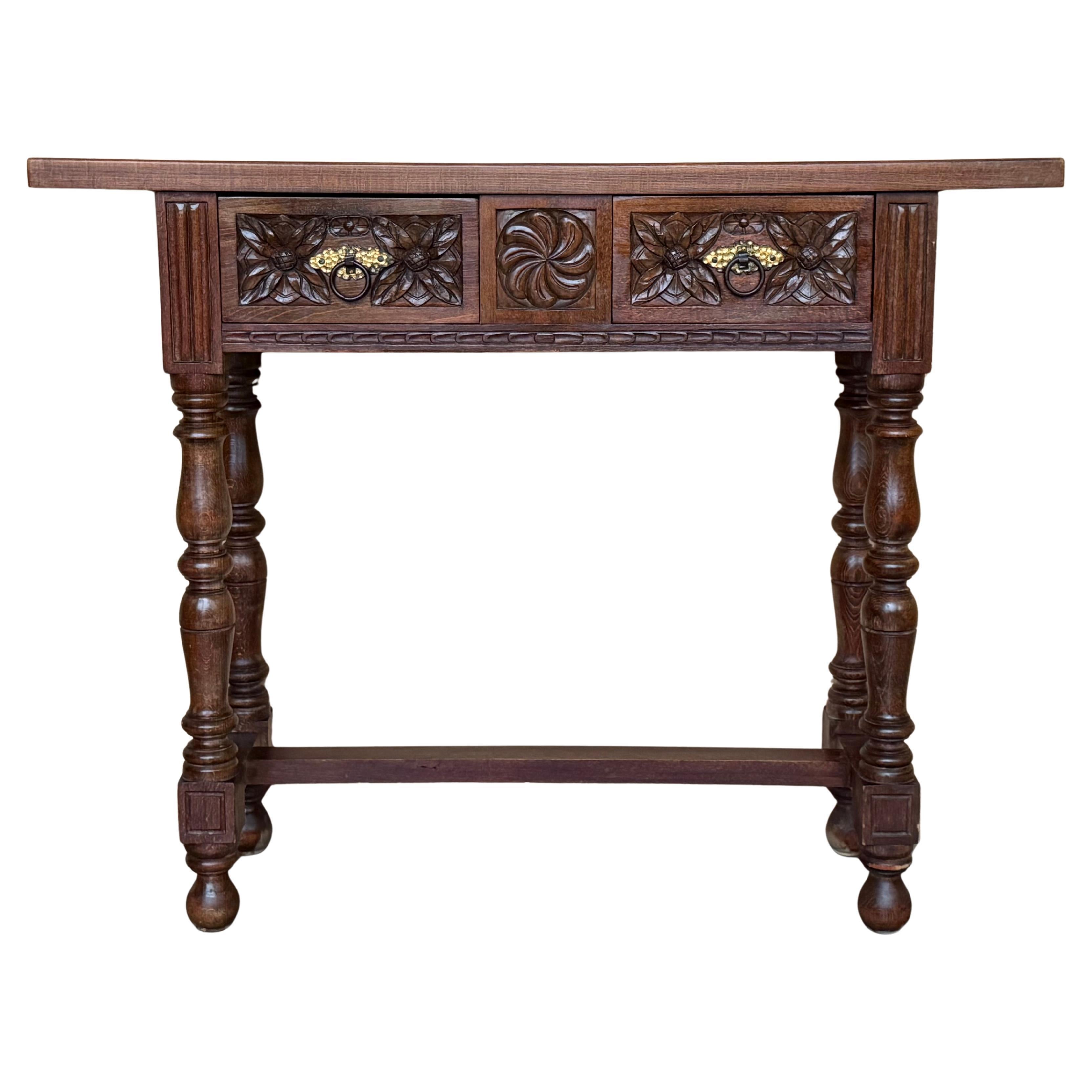 Early 20th Century Catalan Spanish Carved Walnut Console Table with Two Drawers