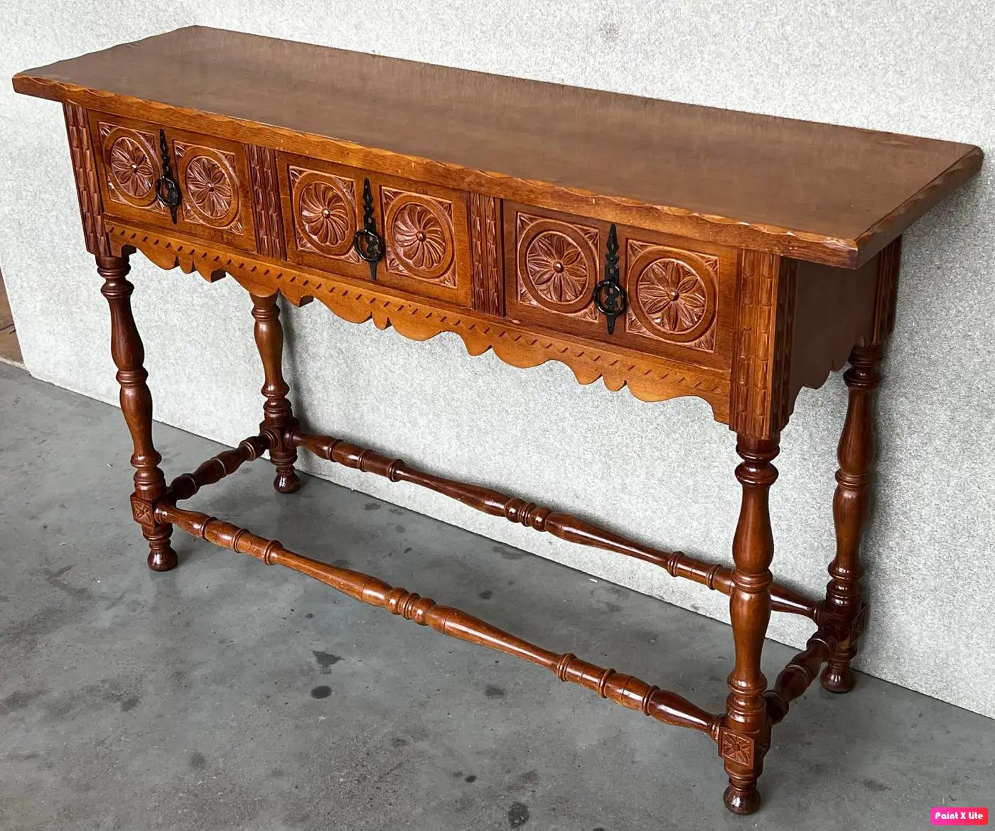 Baroque Early 20th Century Catalan Spanish Hand Carved Walnut Console Table