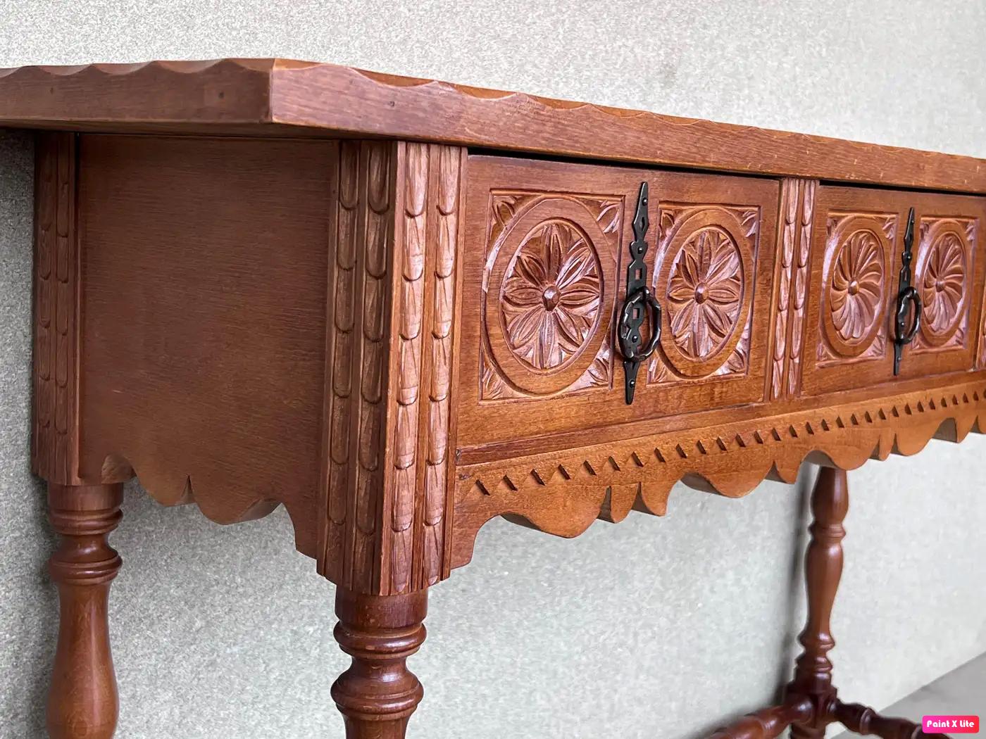 Early 20th Century Catalan Spanish Hand Carved Walnut Console Table 2