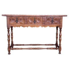 Used Early 20th Century Catalan Spanish Hand Carved Walnut Console Table