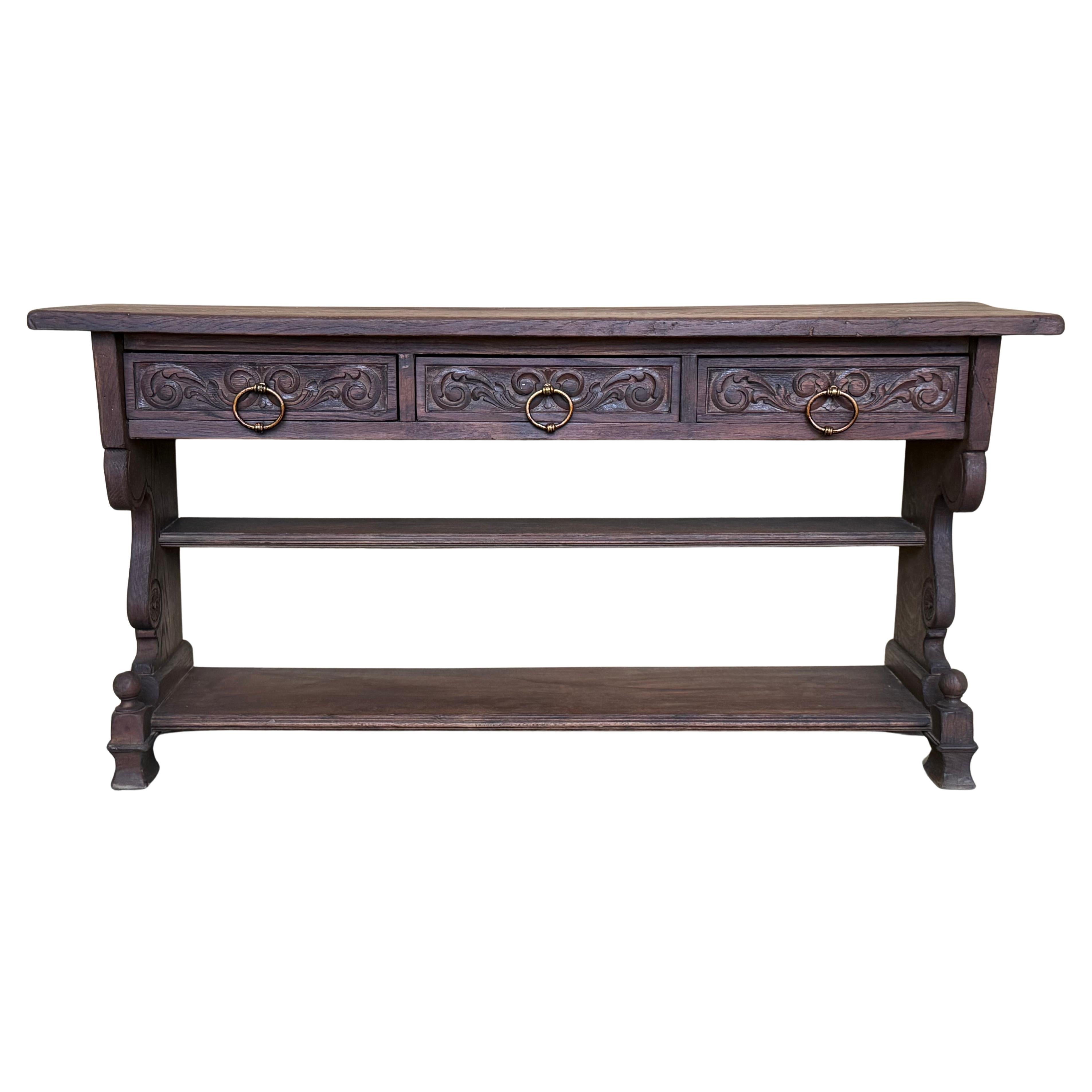 Early 20th Century Catalan Spanish Hand Carved Walnut Console Table