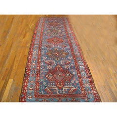 1930s Blue Antique Caucasian Akstafa Birds Runner Carpet 3'7" x 11'3" Woven Rug