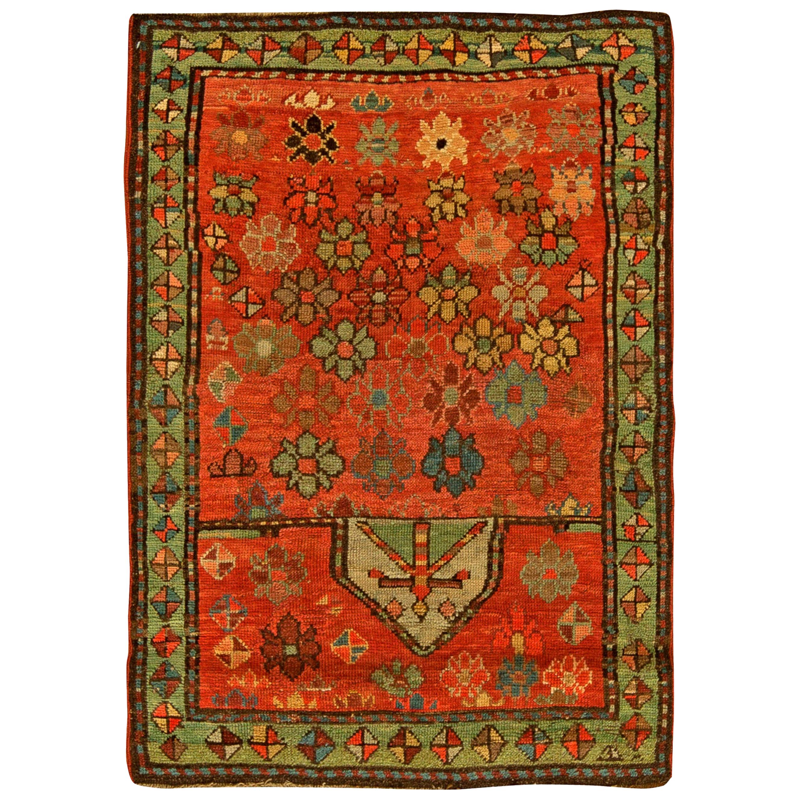 Early 20th Century Caucasian Orange Green Handmade Wool Rug by Doris Leslie Blau