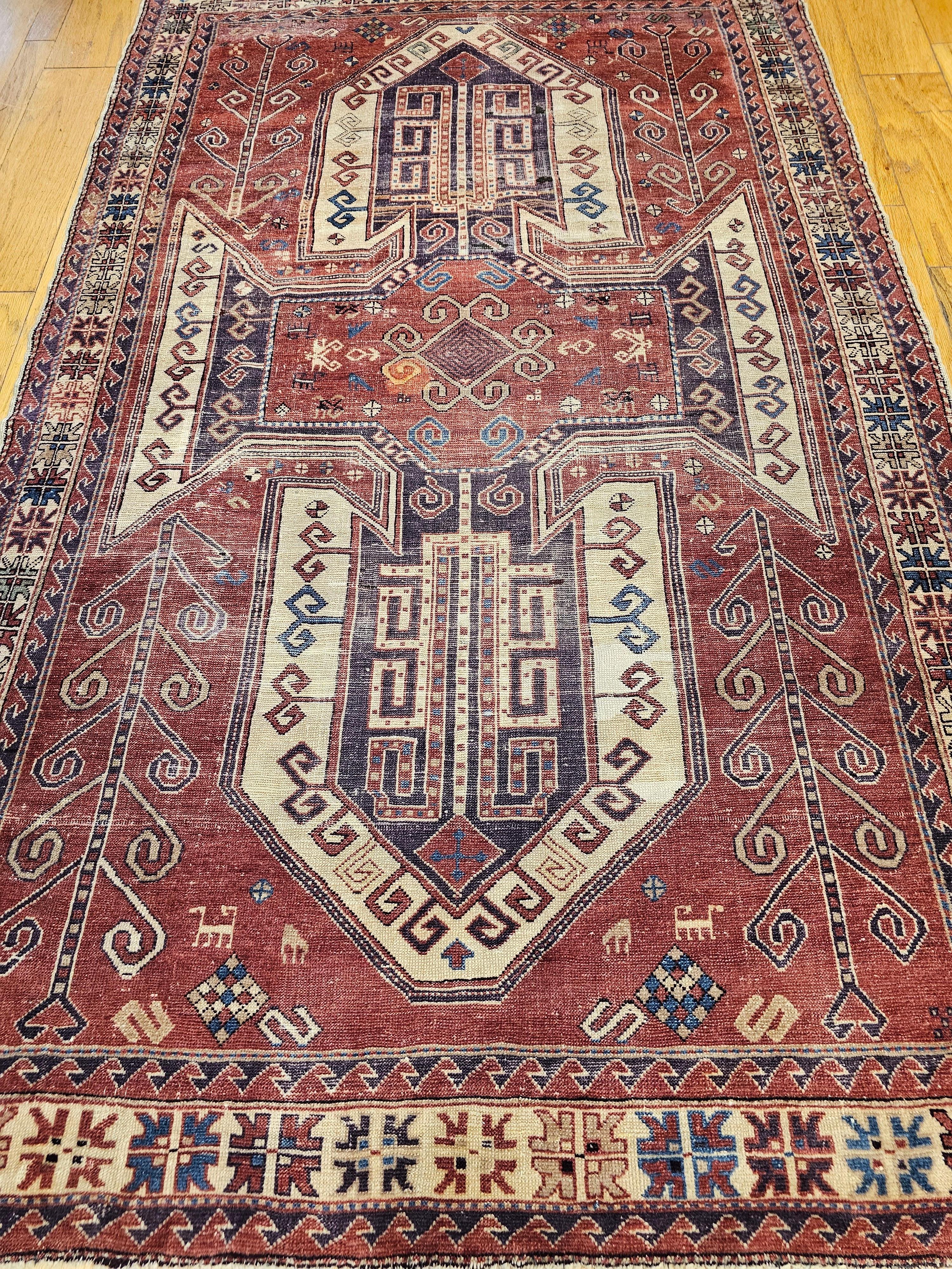 Early 20th Century Caucasian Sevan Kazak in Rust Red, Ivory, Purple For Sale 5