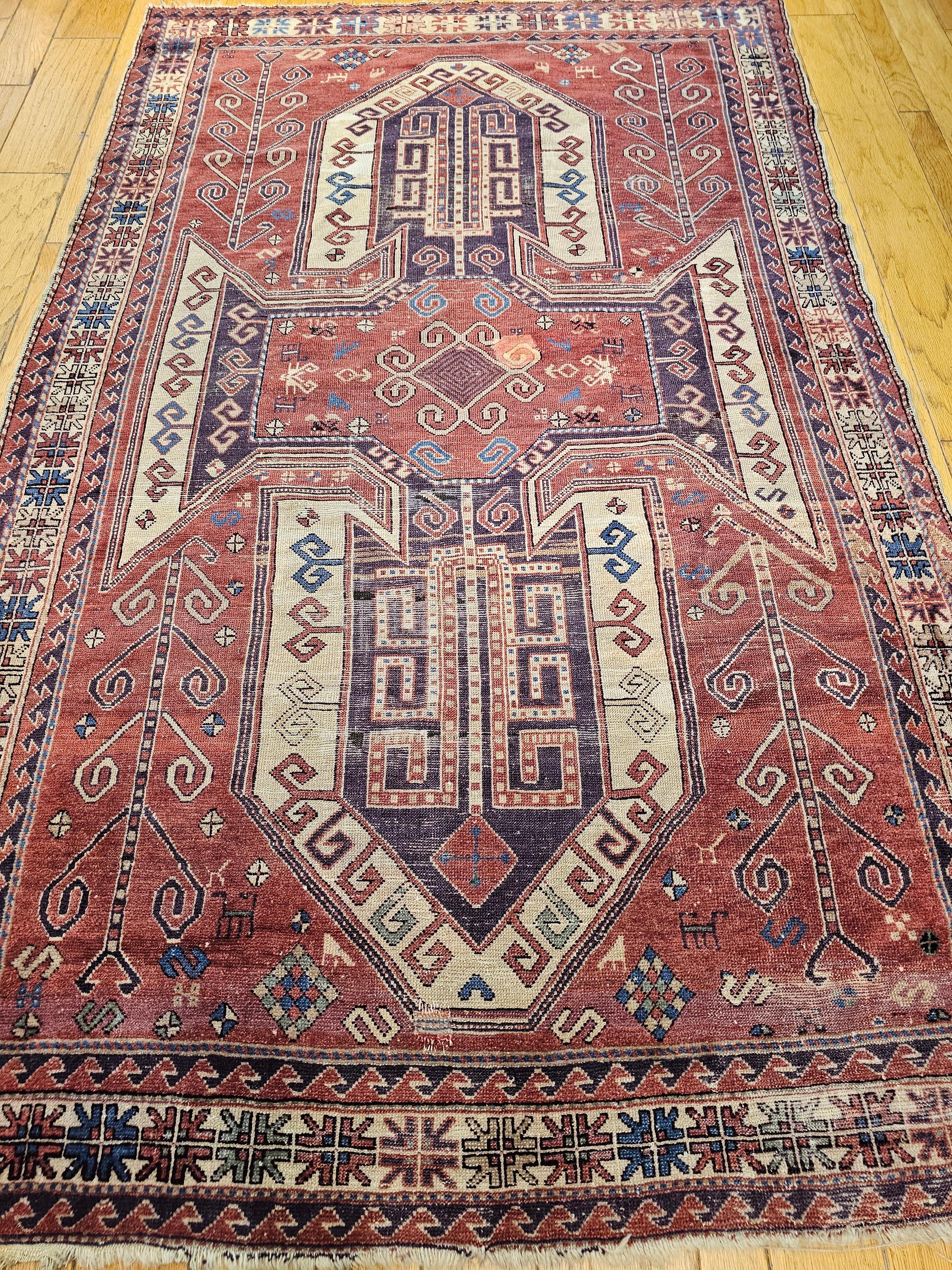 Early 20th Century Caucasian Sevan Kazak in Rust Red, Ivory, Purple For Sale 11