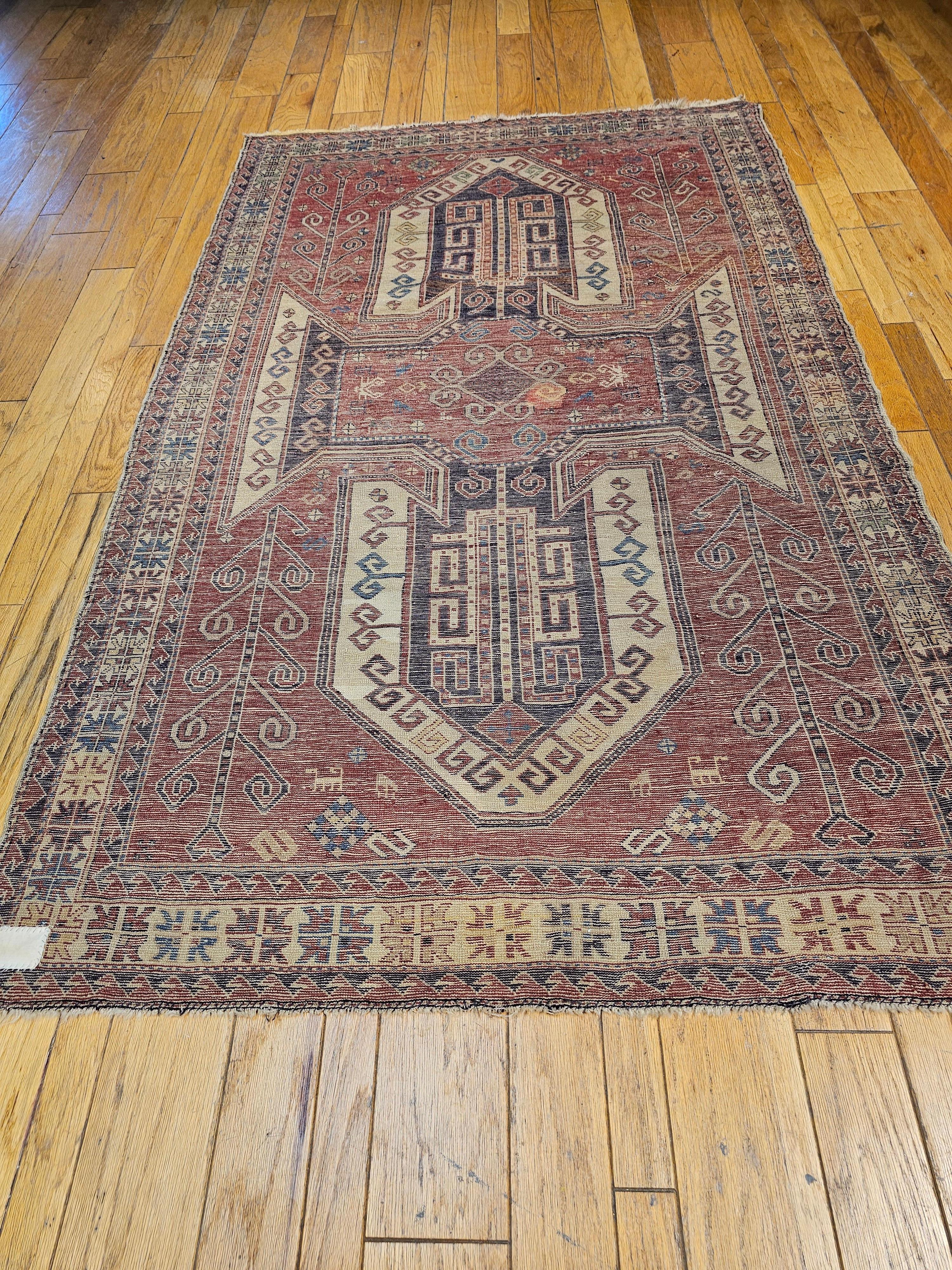 Early 20th Century Caucasian Sevan Kazak in Rust Red, Ivory, Purple For Sale 12