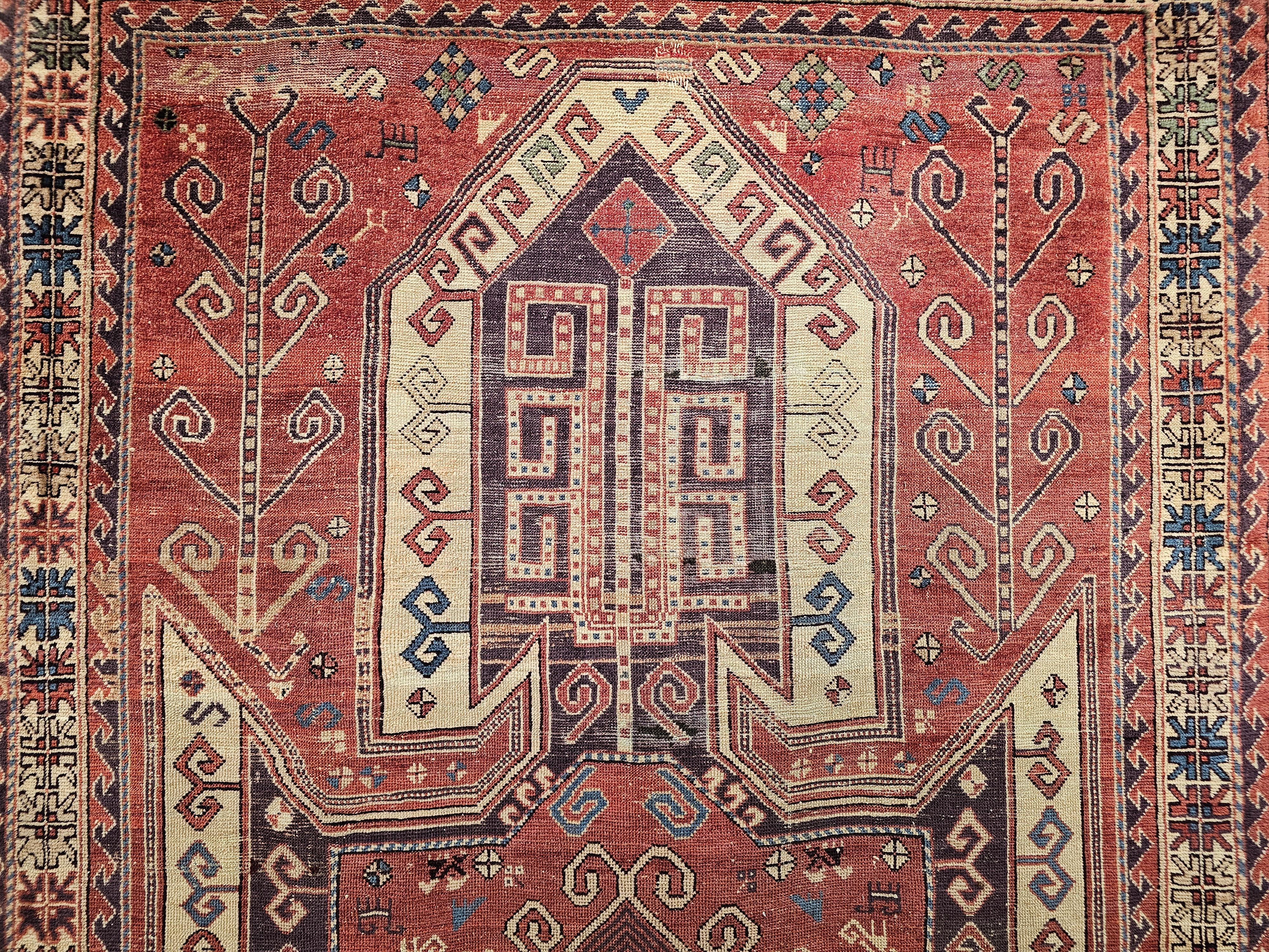 Azerbaijani Early 20th Century Caucasian Sevan Kazak in Rust Red, Ivory, Purple For Sale