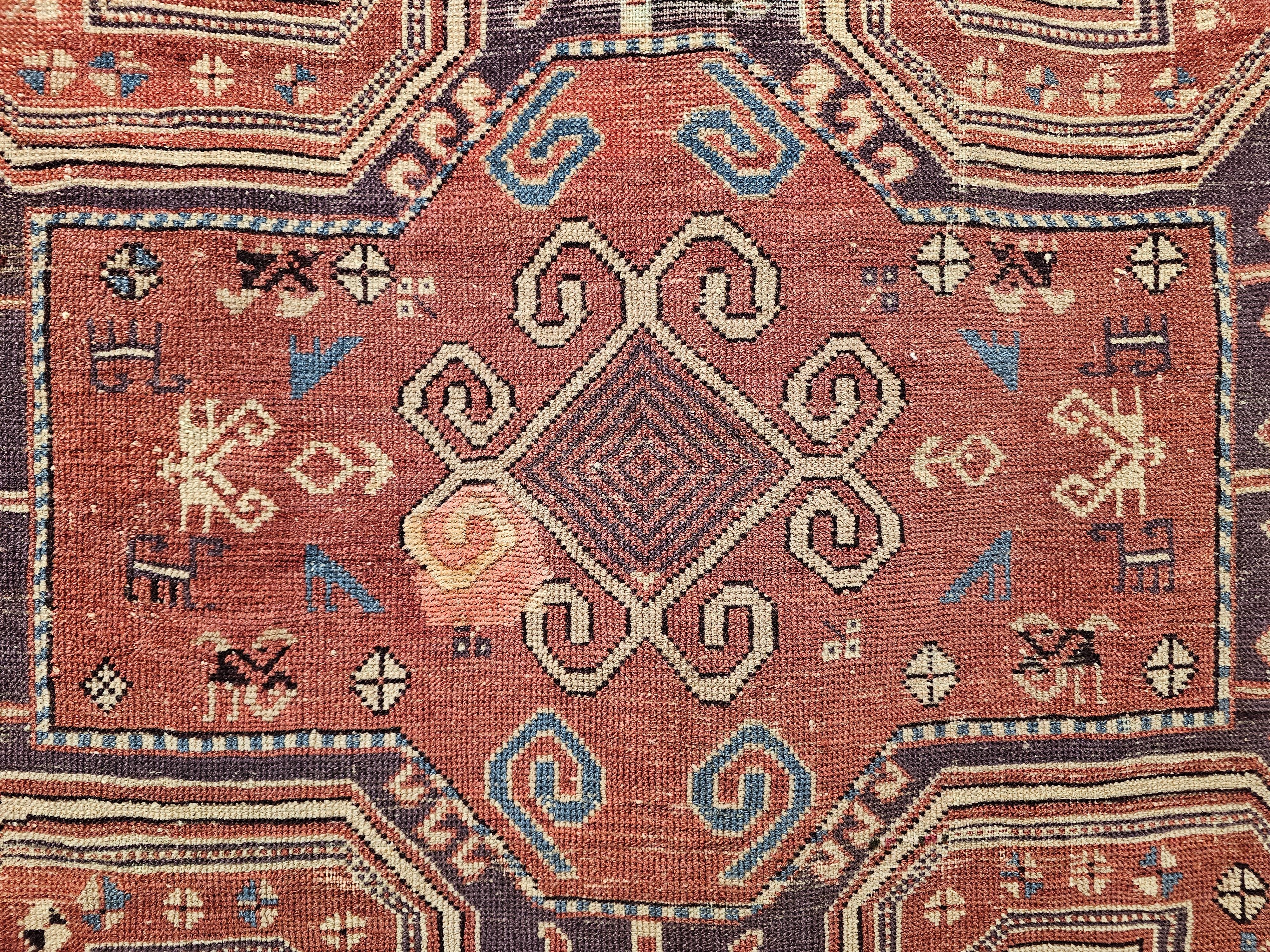 Wool Early 20th Century Caucasian Sevan Kazak in Rust Red, Ivory, Purple For Sale
