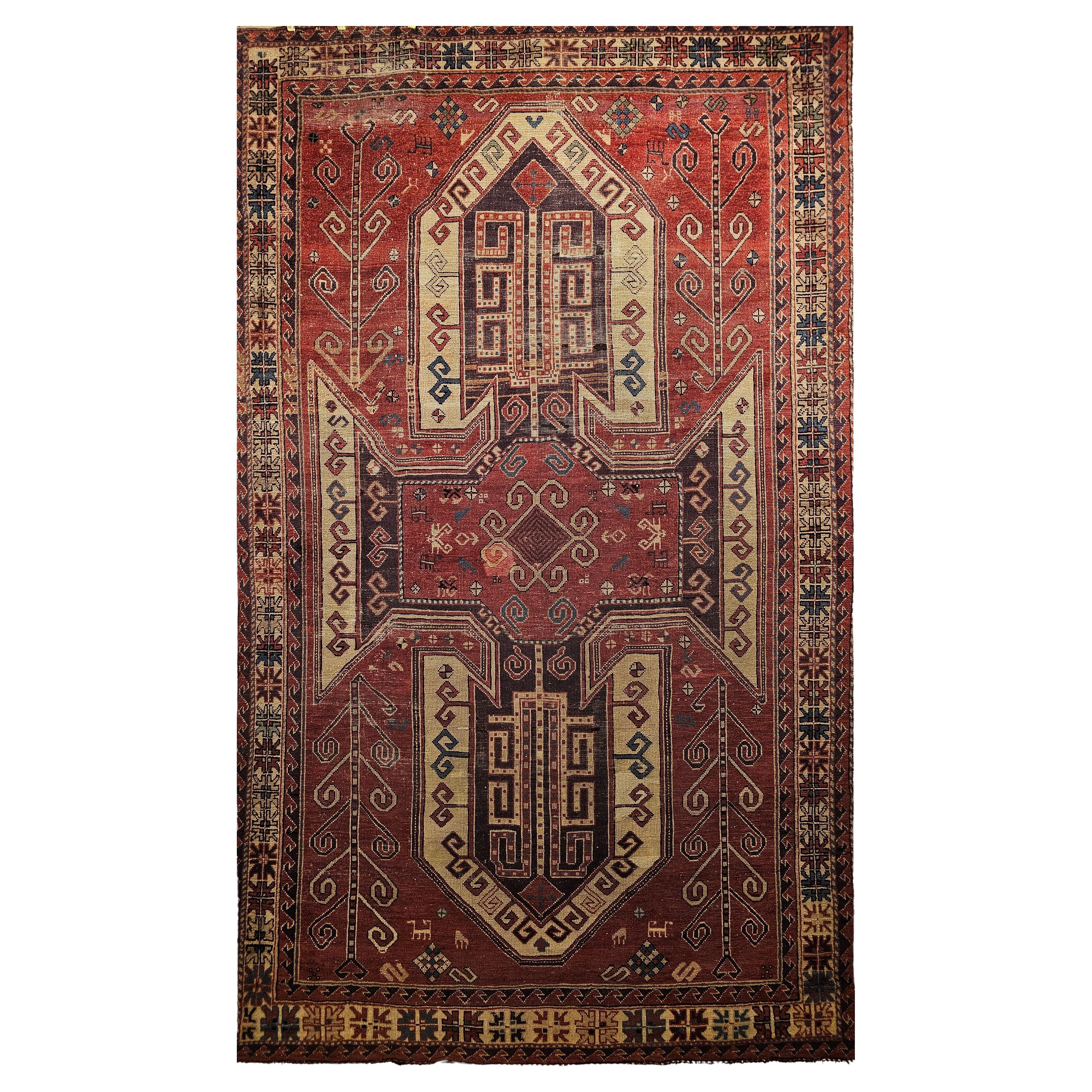 Early 20th Century Caucasian Sevan Kazak in Rust Red, Ivory, Purple For Sale