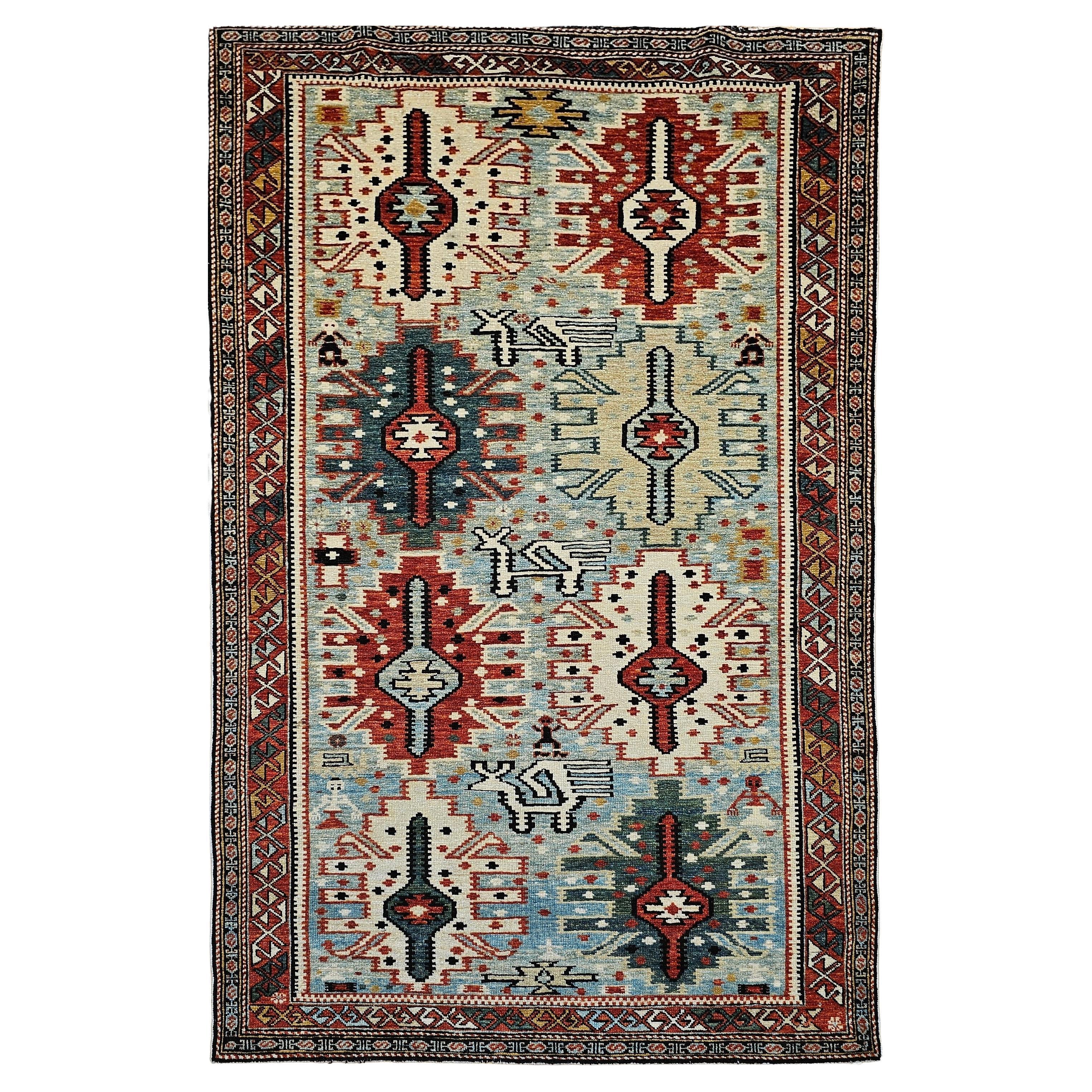 Early 20th-Century Caucasian Shirvan in Ivory, Pale Green, Red For Sale