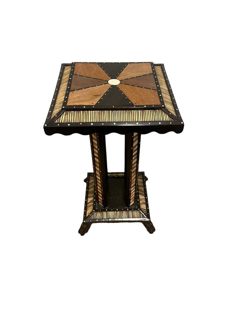 Ceylonese Inlaid Quill Side Table made in early 20th Century. Hand crafted wood, bone and quill inlay.