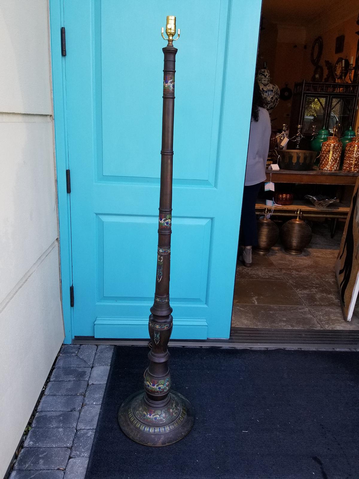 Early 20th century champlevé and bronze floor lamp, circa 1900, poss. Qing
New wiring.