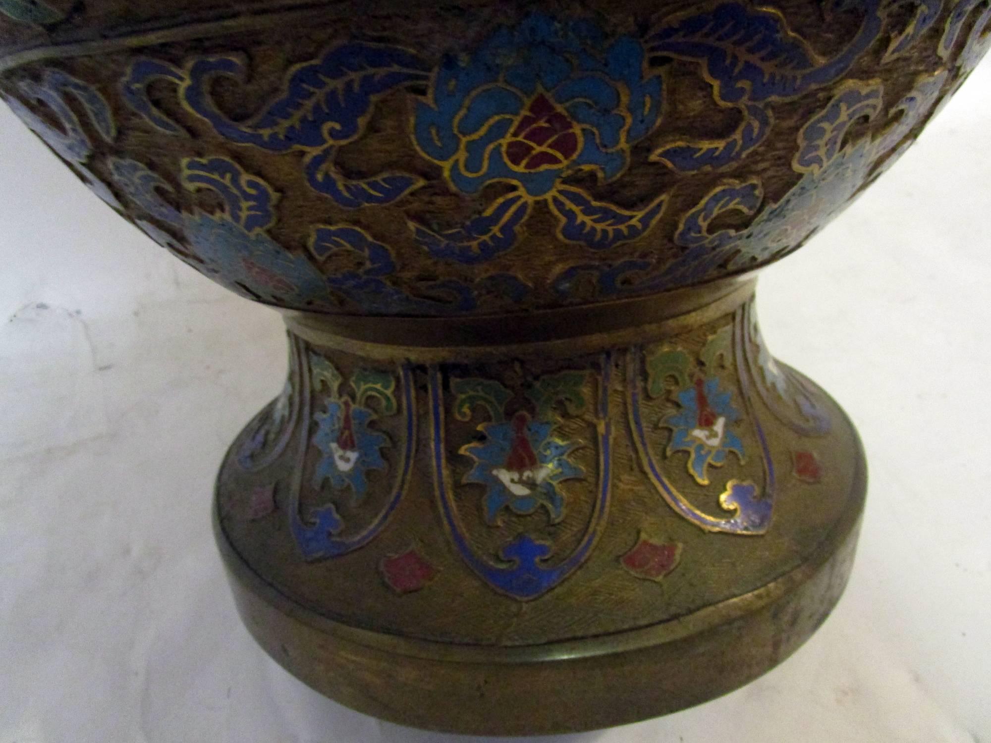 20th Century Early 20th century Champlevé Enamel and Bronze Large Vase  For Sale